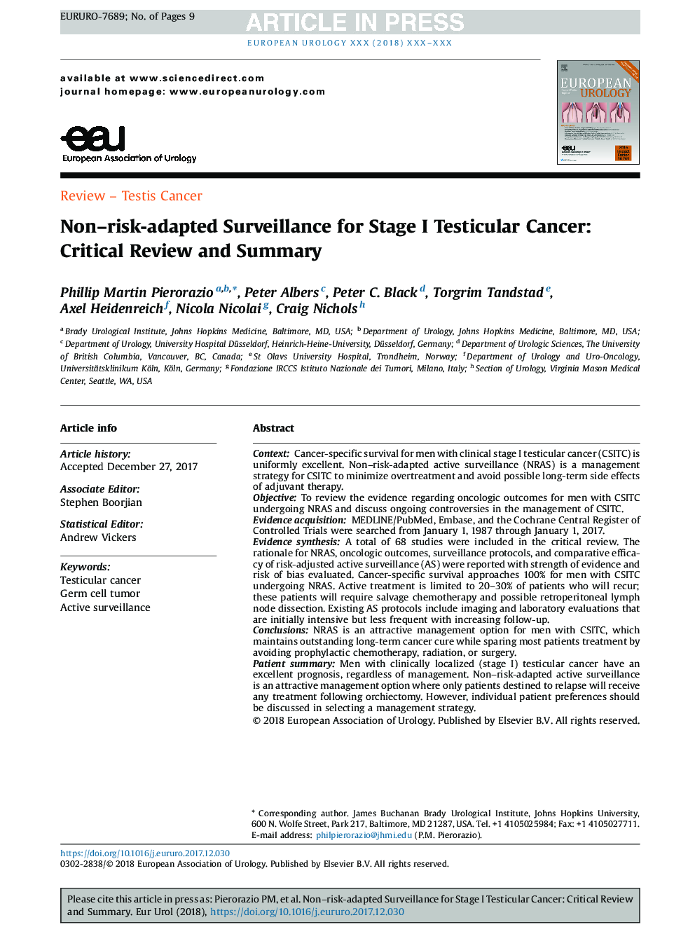 Non-risk-adapted Surveillance for Stage I Testicular Cancer: Critical Review and Summary