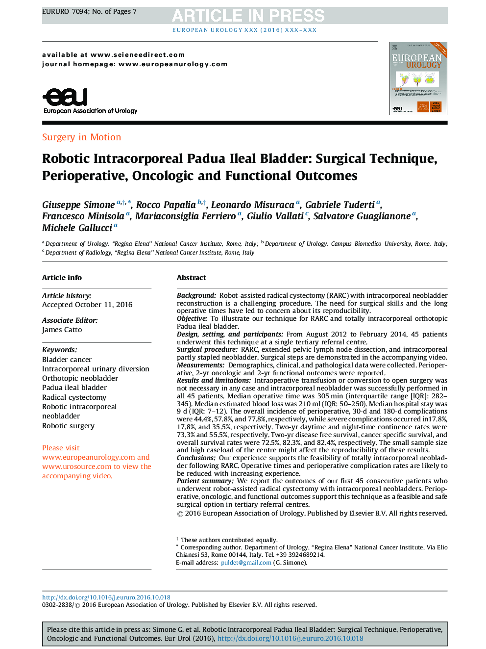 Robotic Intracorporeal Padua Ileal Bladder: Surgical Technique, Perioperative, Oncologic and Functional Outcomes