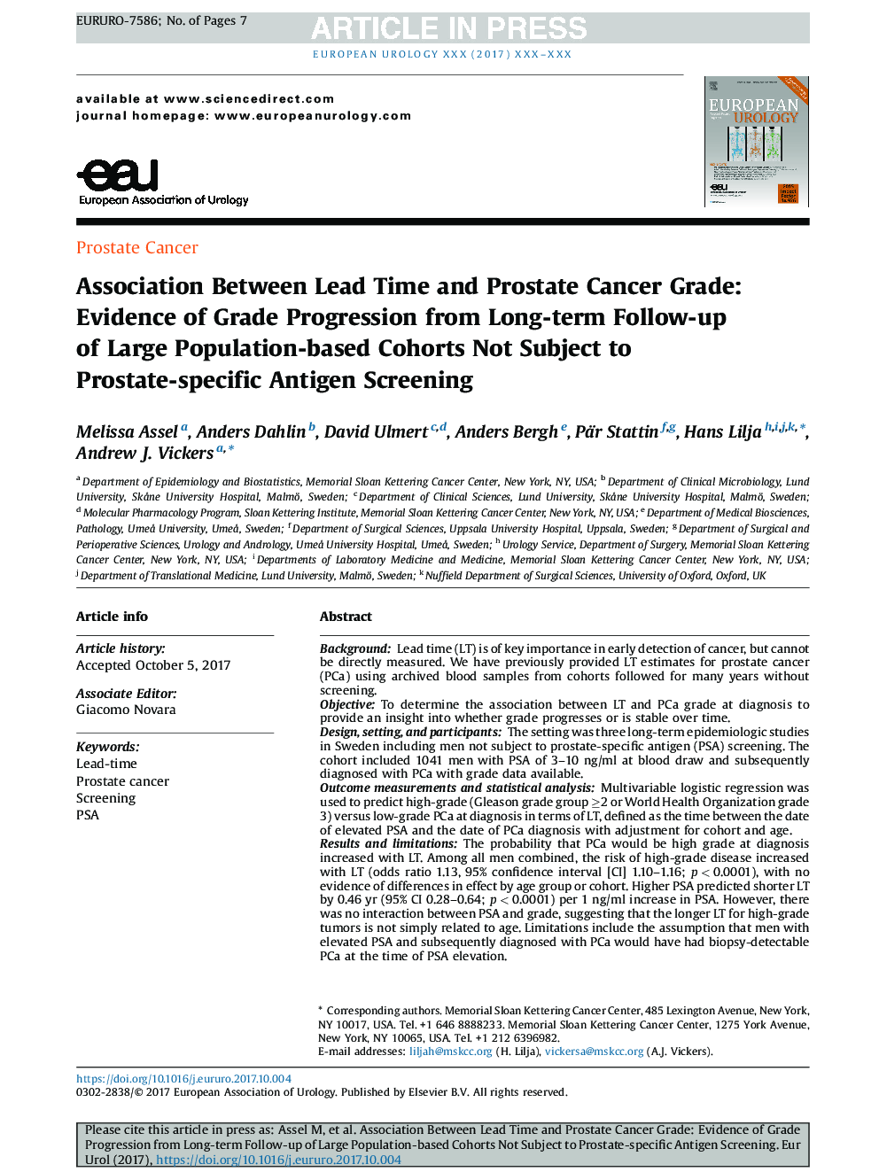 Association Between Lead Time and Prostate Cancer Grade: Evidence of Grade Progression from Long-term Follow-up of Large Population-based Cohorts Not Subject to Prostate-specific Antigen Screening