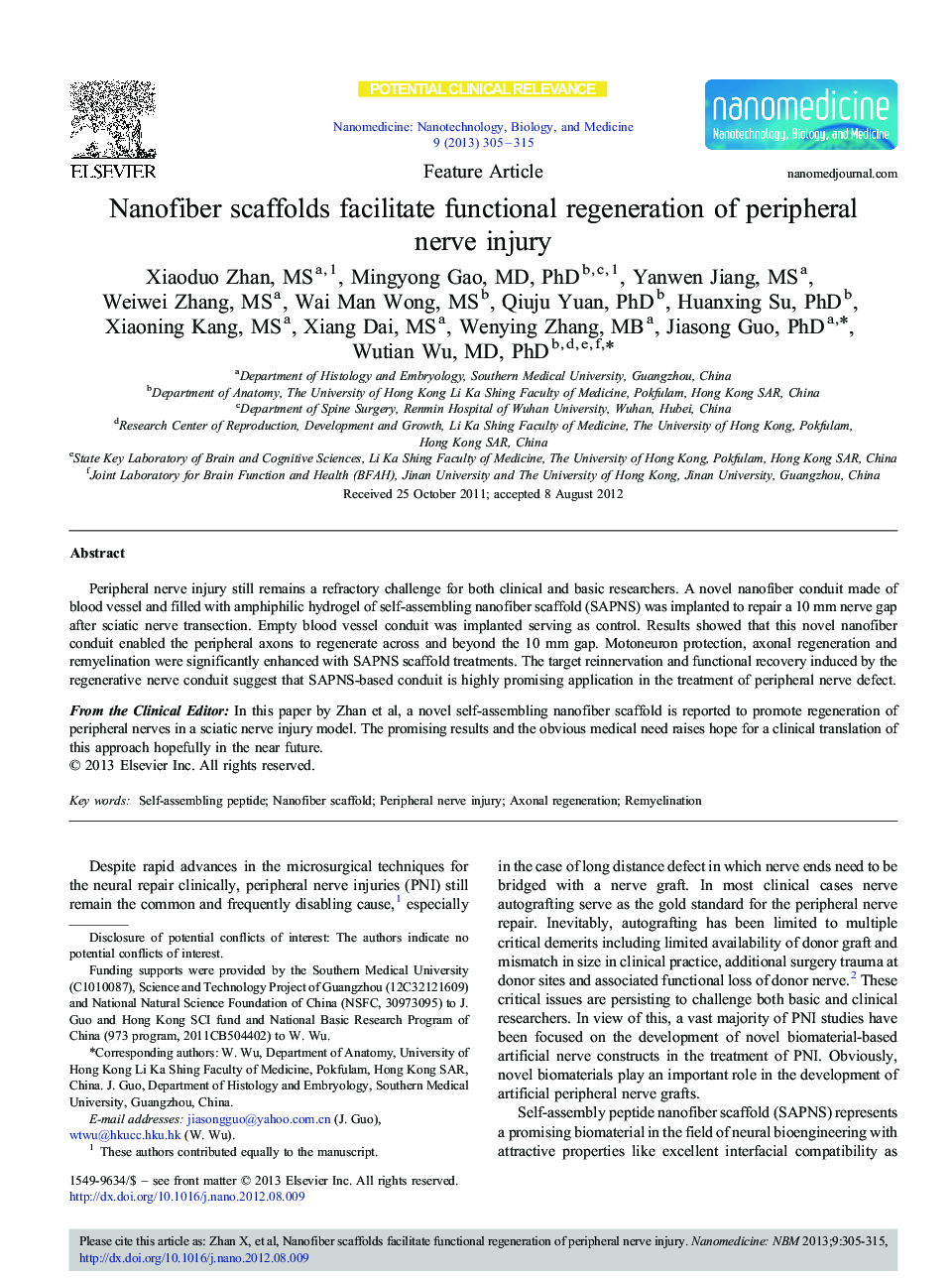 Nanofiber scaffolds facilitate functional regeneration of peripheral nerve injury 