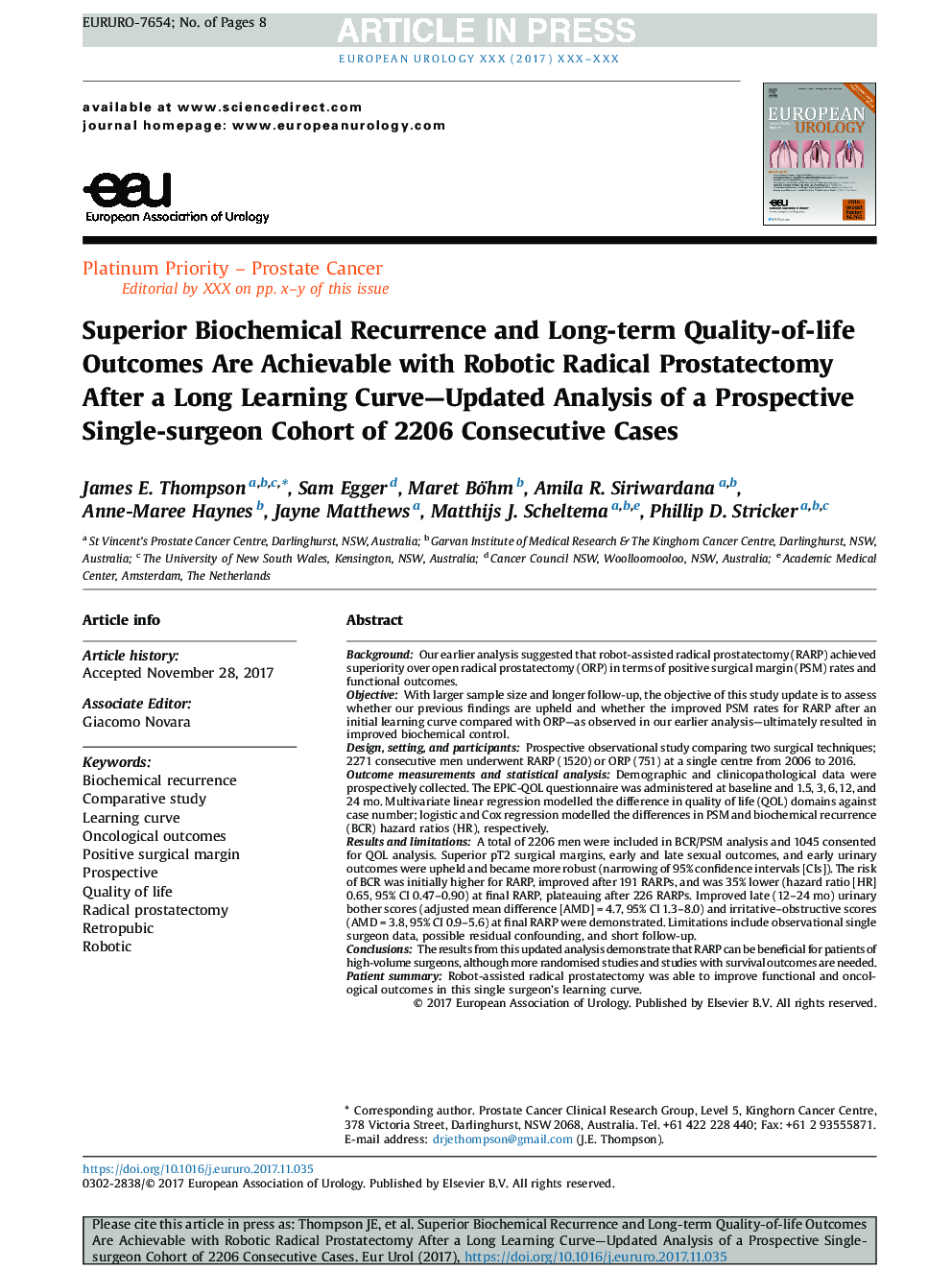 Superior Biochemical Recurrence and Long-term Quality-of-life Outcomes Are Achievable with Robotic Radical Prostatectomy After a Long Learning Curve-Updated Analysis of a Prospective Single-surgeon Cohort of 2206 Consecutive Cases