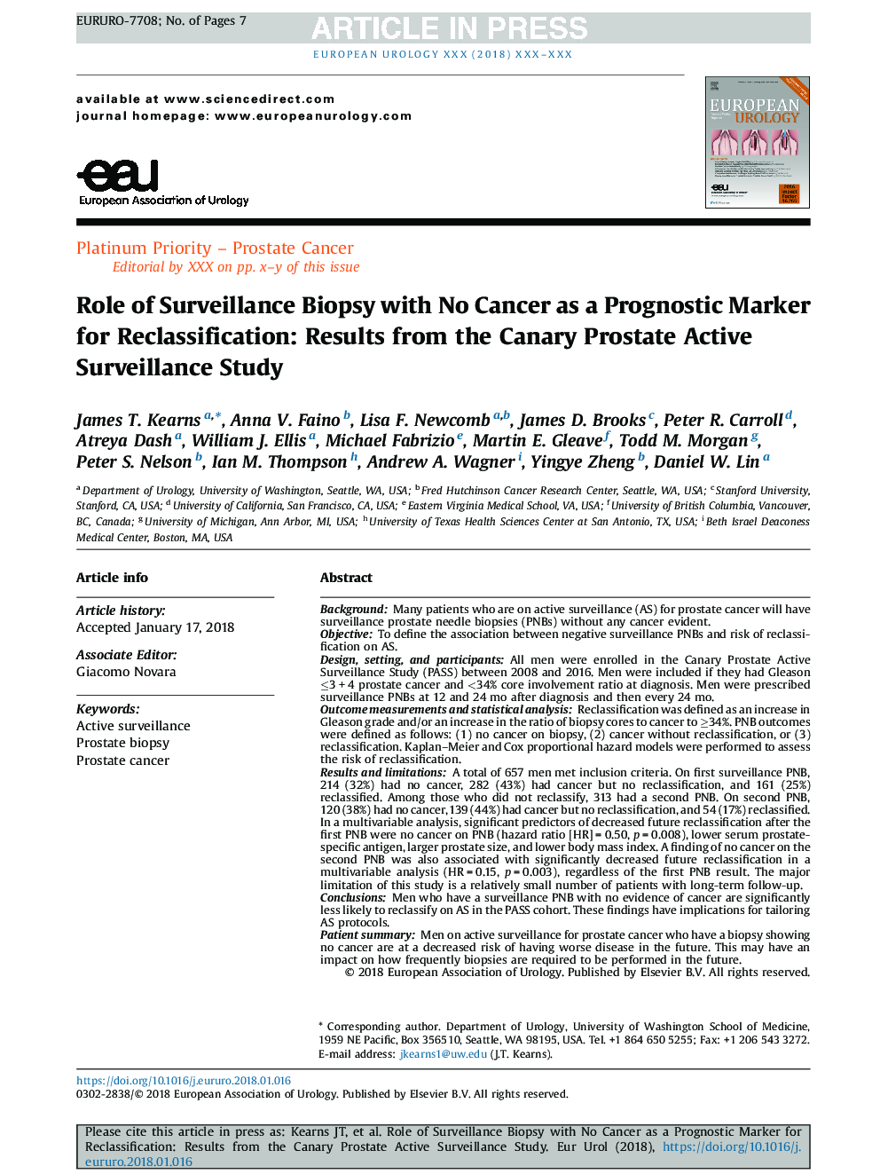 Role of Surveillance Biopsy with No Cancer as a Prognostic Marker for Reclassification: Results from the Canary Prostate Active Surveillance Study