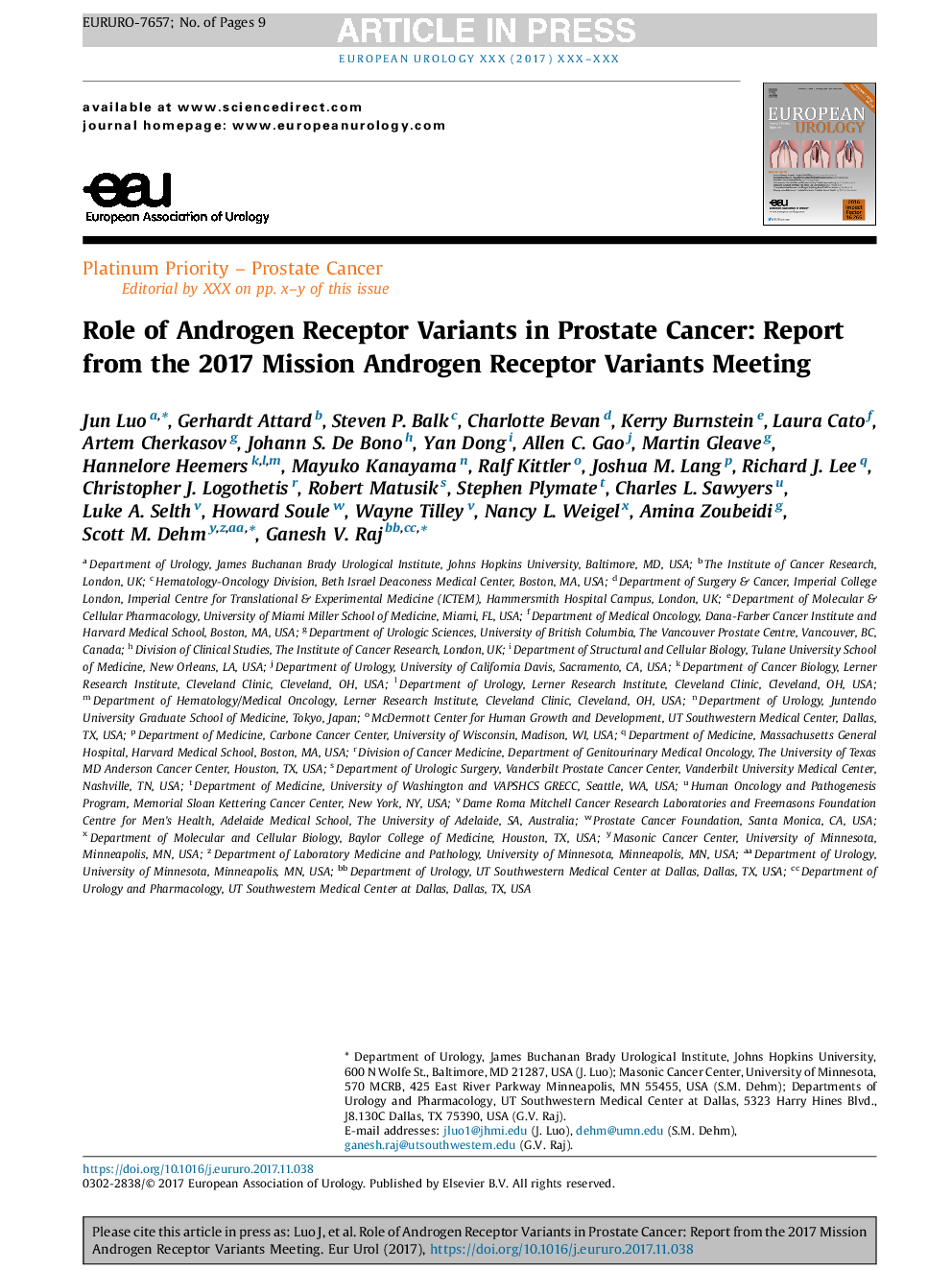 Role of Androgen Receptor Variants in Prostate Cancer: Report from the 2017 Mission Androgen Receptor Variants Meeting