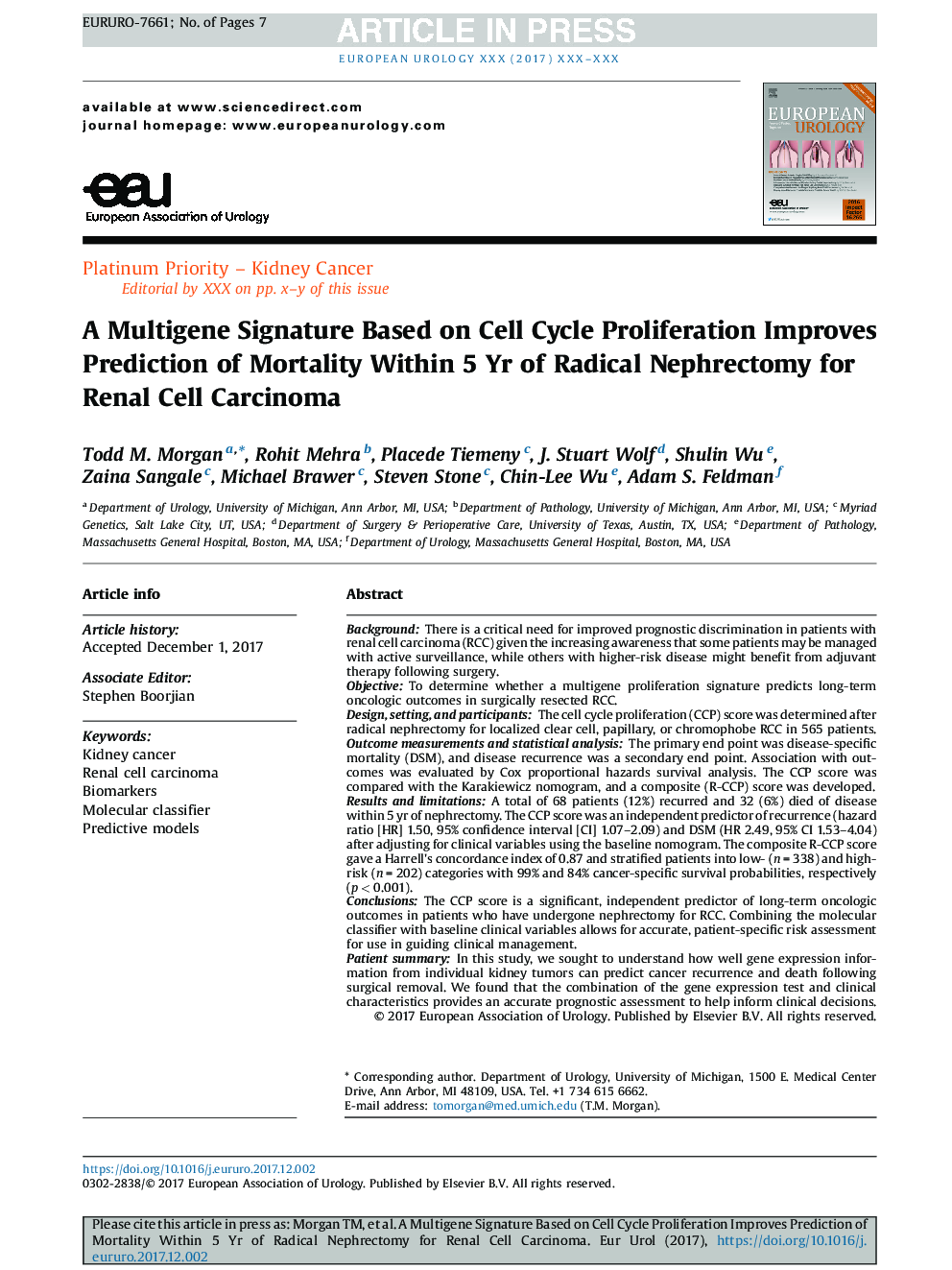 A Multigene Signature Based on Cell Cycle Proliferation Improves Prediction of Mortality Within 5 Yr of Radical Nephrectomy for Renal Cell Carcinoma