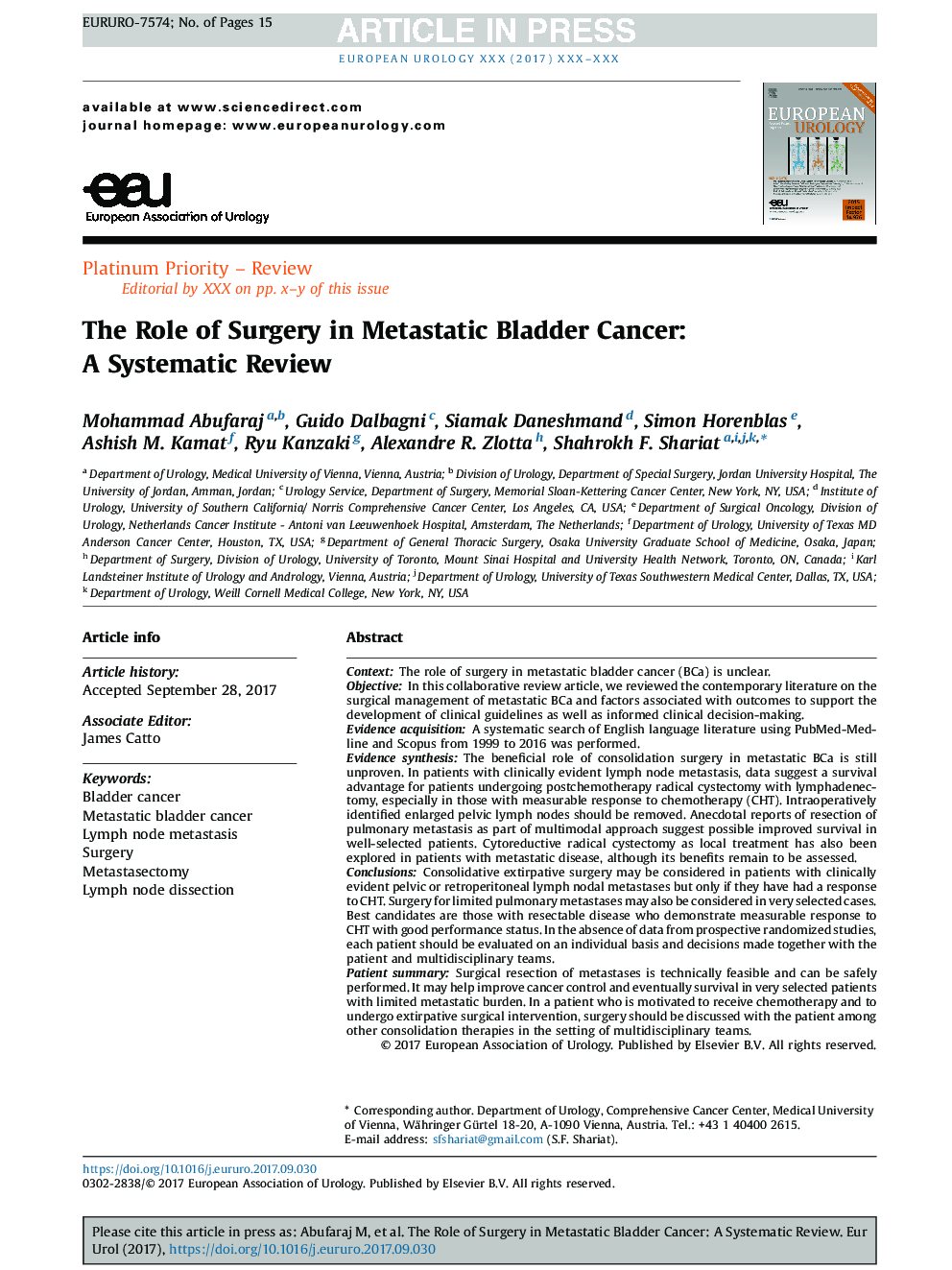 نقش جراحی در سرطان مثانه متاستاتیک: یک بررسی سیستماتیک 