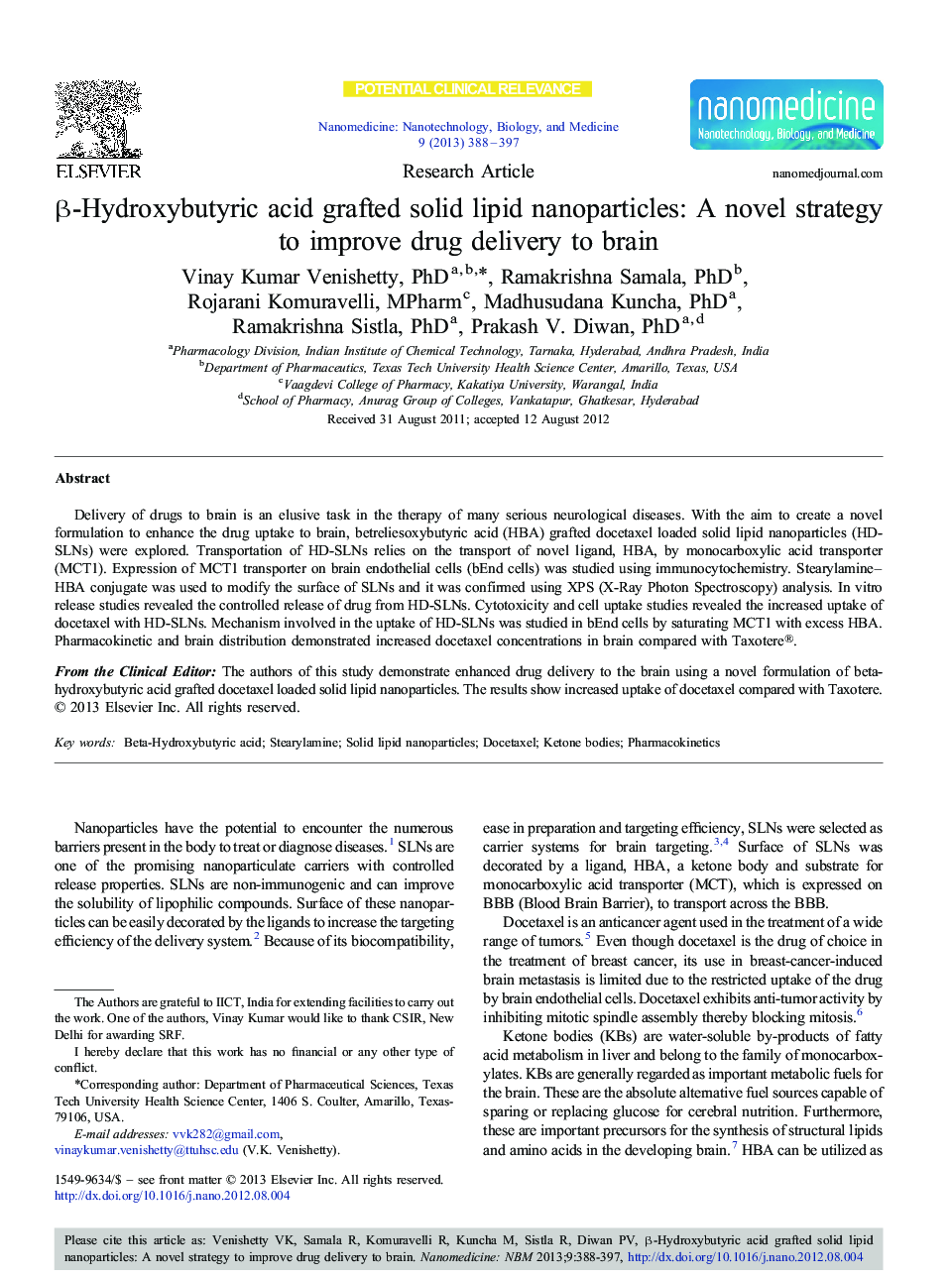 β-Hydroxybutyric acid grafted solid lipid nanoparticles: A novel strategy to improve drug delivery to brain 