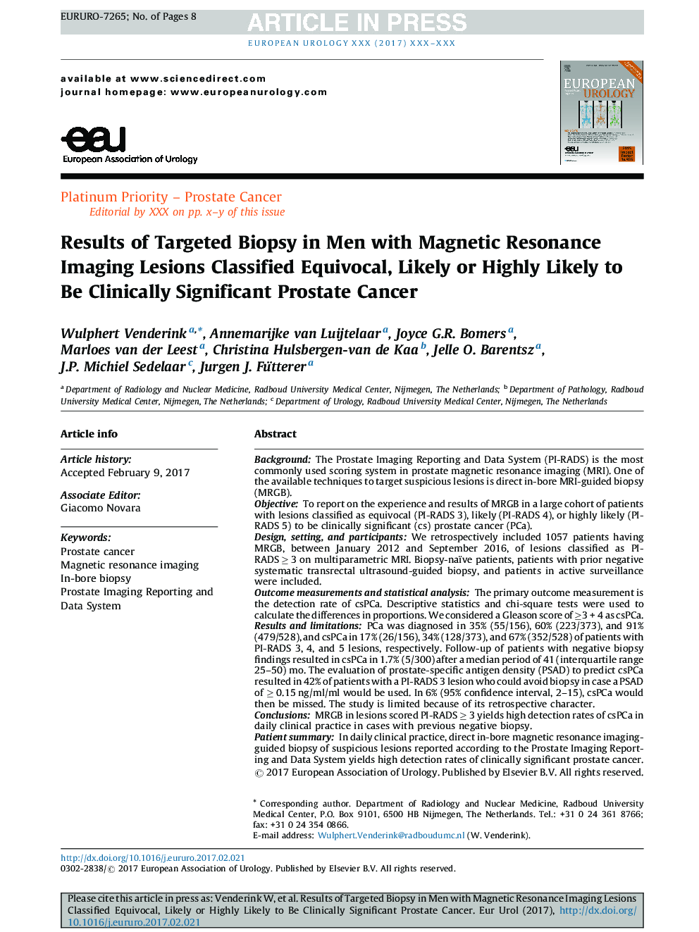 نتایج بیوپسی هدفمند در مردان مبتلا به ضایعات تصویربرداری رزونانس مغناطیسی طبقه بندی شده عجیب و غریب، احتمالا و یا احتمالا به نظر می رسد سرطان پروستات قابل توجه بالینی 