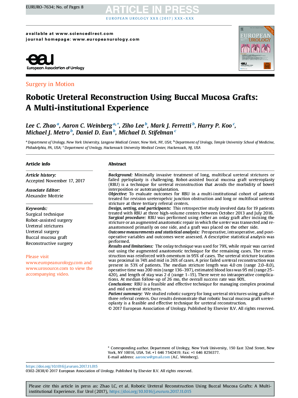 Robotic Ureteral Reconstruction Using Buccal Mucosa Grafts: A Multi-institutional Experience