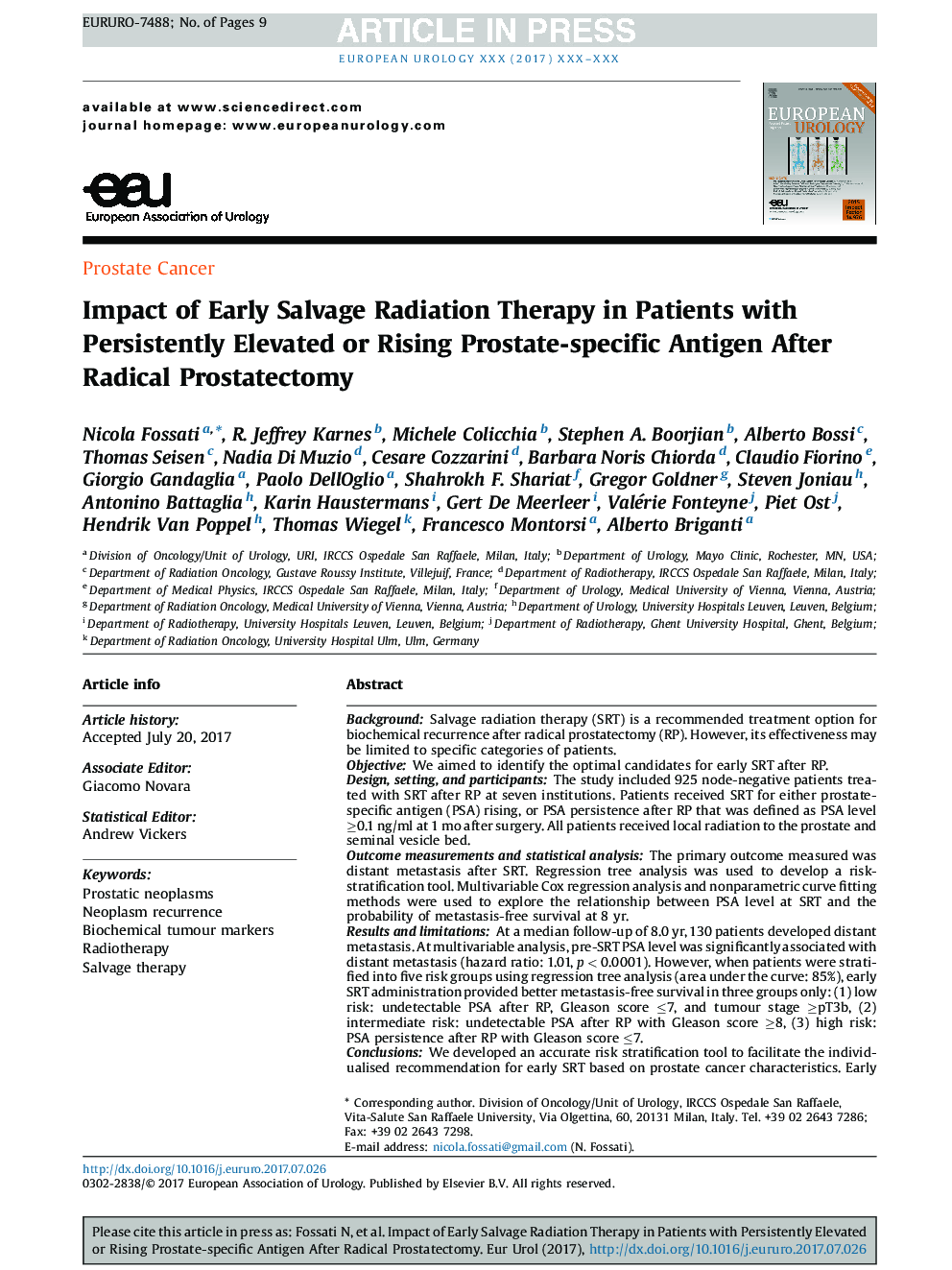 Impact of Early Salvage Radiation Therapy in Patients with Persistently Elevated or Rising Prostate-specific Antigen After Radical Prostatectomy