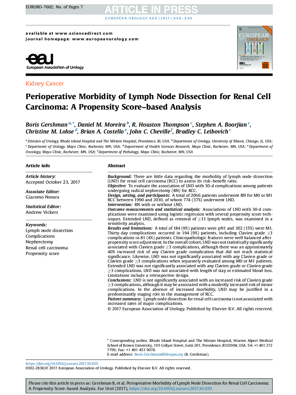 Perioperative Morbidity of Lymph Node Dissection for Renal Cell Carcinoma: A Propensity Score-based Analysis