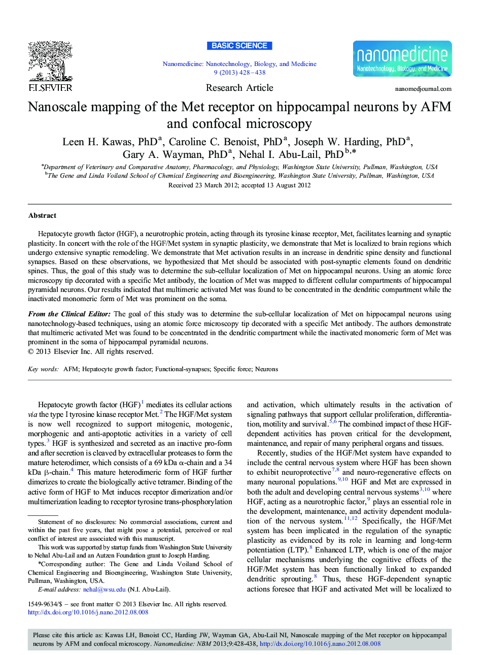 Nanoscale mapping of the Met receptor on hippocampal neurons by AFM and confocal microscopy 