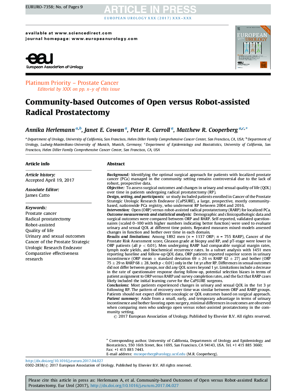 Community-based Outcomes of Open versus Robot-assisted Radical Prostatectomy