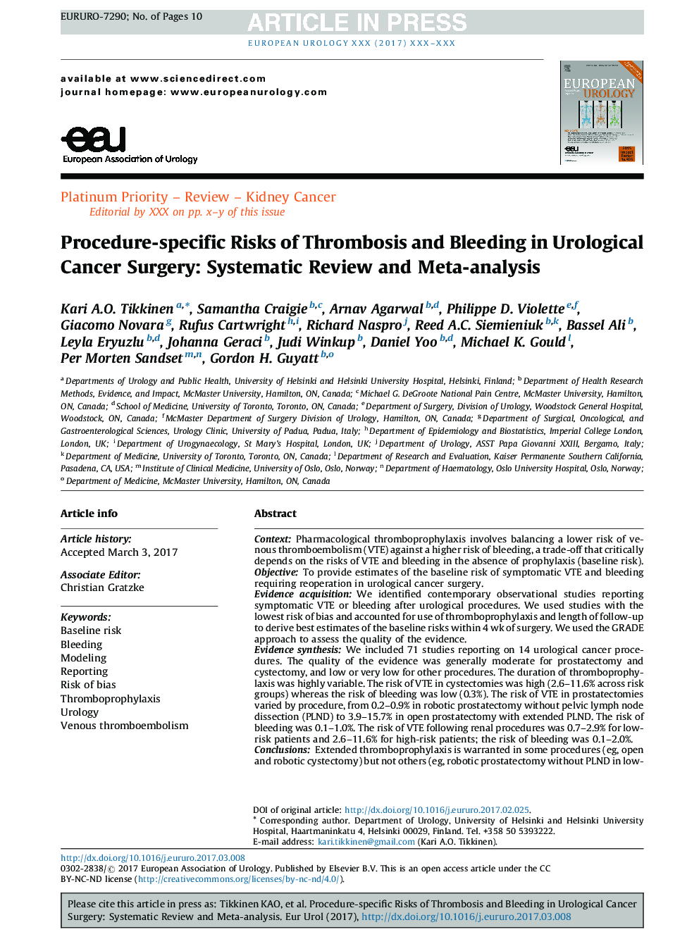 ریسک های خاص روش ترومبوز و خونریزی در جراحی سرطان ارولوژی: بررسی سیستماتیک و متاآنالیز 