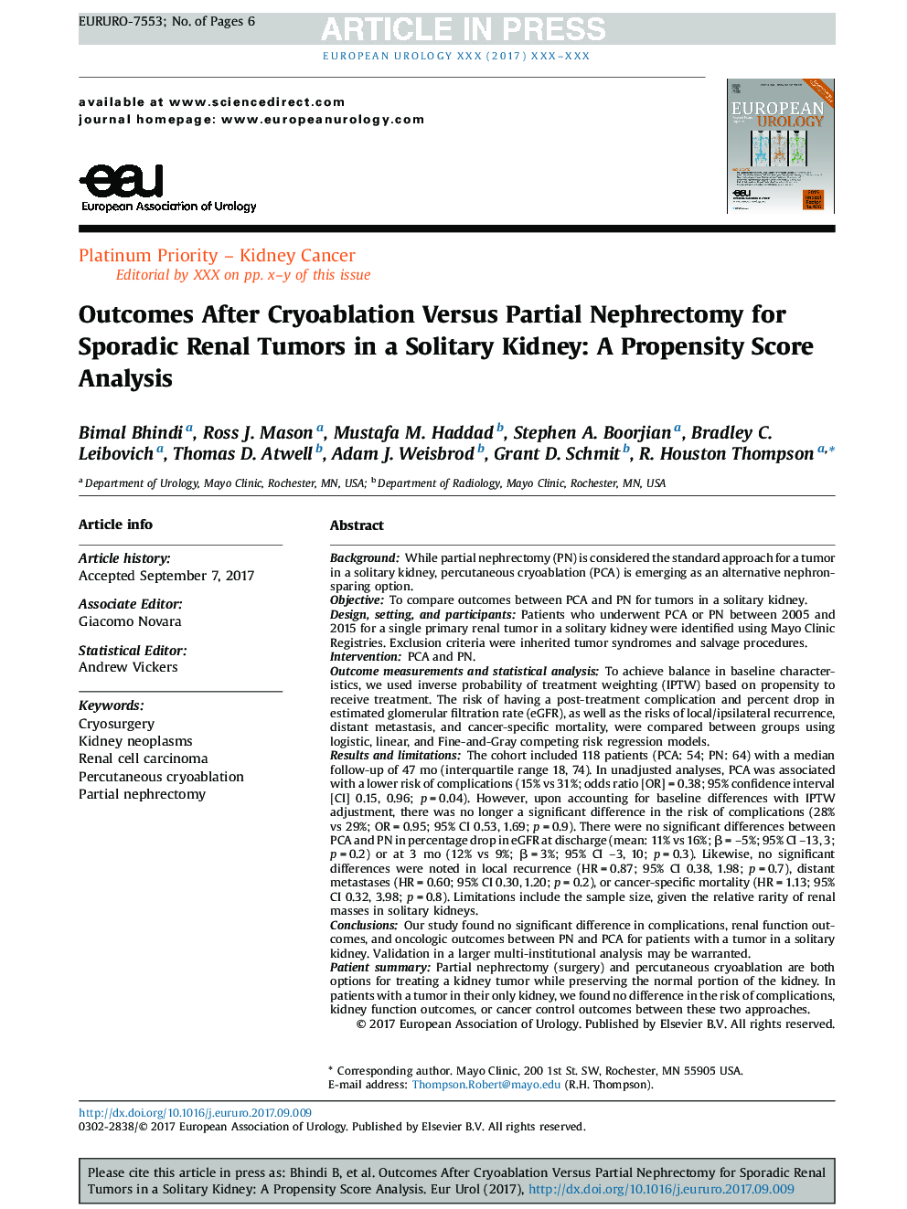 Outcomes After Cryoablation Versus Partial Nephrectomy for Sporadic Renal Tumors in a Solitary Kidney: A Propensity Score Analysis