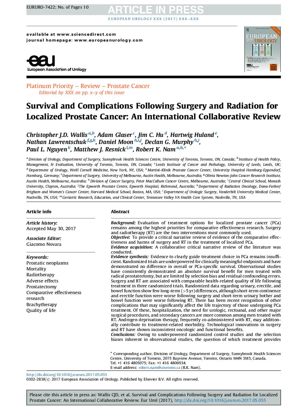 Survival and Complications Following Surgery and Radiation for Localized Prostate Cancer: An International Collaborative Review