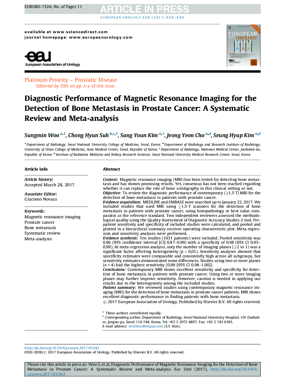 Diagnostic Performance of Magnetic Resonance Imaging for the Detection of Bone Metastasis in Prostate Cancer: A Systematic Review and Meta-analysis