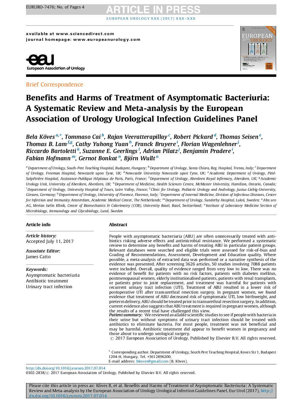 Benefits and Harms of Treatment of Asymptomatic Bacteriuria: A Systematic Review and Meta-analysis by the European Association of Urology Urological Infection Guidelines Panel