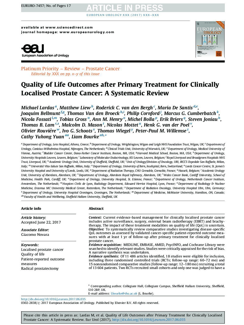 Quality of Life Outcomes after Primary Treatment for Clinically Localised Prostate Cancer: A Systematic Review