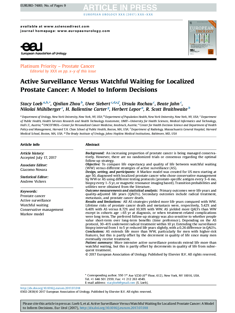 Active Surveillance Versus Watchful Waiting for Localized Prostate Cancer: A Model to Inform Decisions