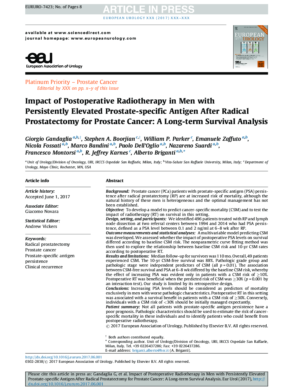 Impact of Postoperative Radiotherapy in Men with Persistently Elevated Prostate-specific Antigen After Radical Prostatectomy for Prostate Cancer: A Long-term Survival Analysis