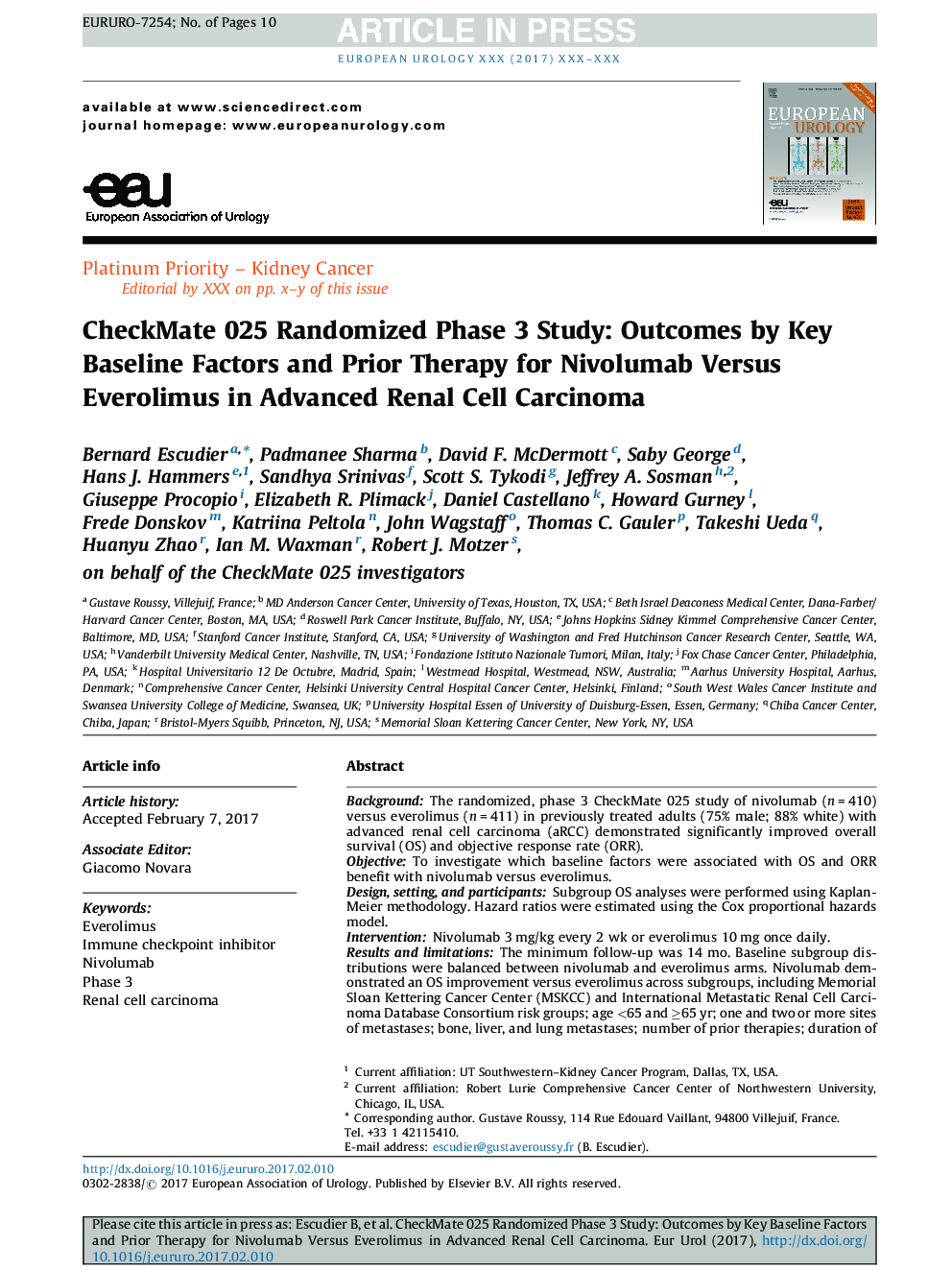 CheckMate 025 Randomized Phase 3 Study: Outcomes by Key Baseline Factors and Prior Therapy for Nivolumab Versus Everolimus in Advanced Renal Cell Carcinoma