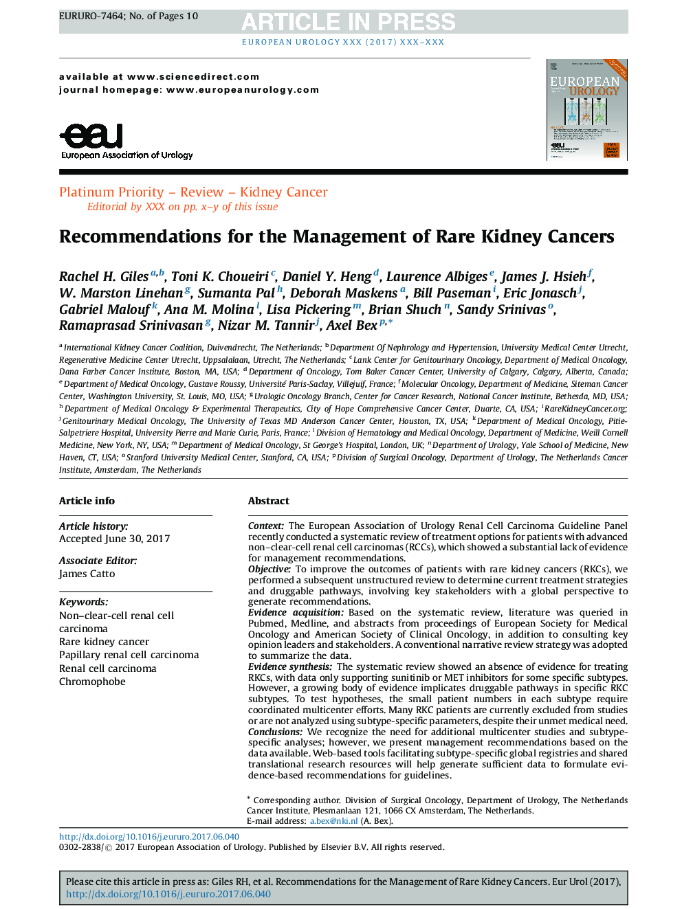 Recommendations for the Management of Rare Kidney Cancers