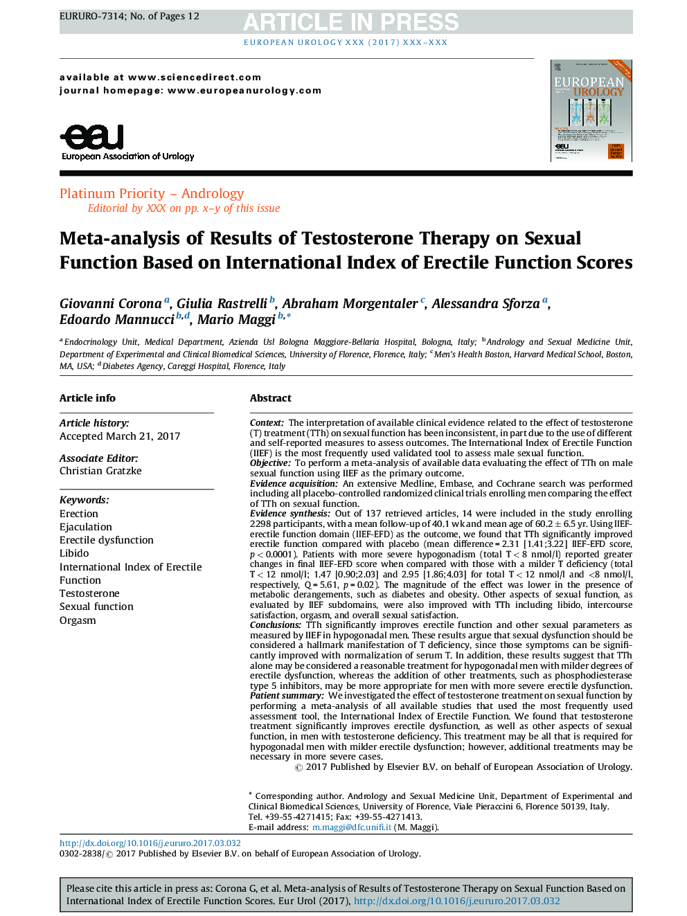 Meta-analysis of Results of Testosterone Therapy on Sexual Function Based on International Index of Erectile Function Scores