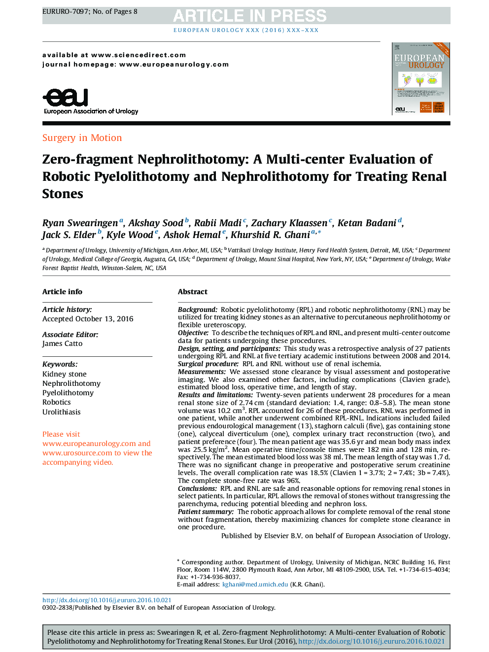 Zero-fragment Nephrolithotomy: A Multi-center Evaluation of Robotic Pyelolithotomy and Nephrolithotomy for Treating Renal Stones