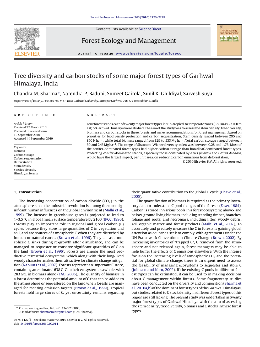 Tree diversity and carbon stocks of some major forest types of Garhwal Himalaya, India