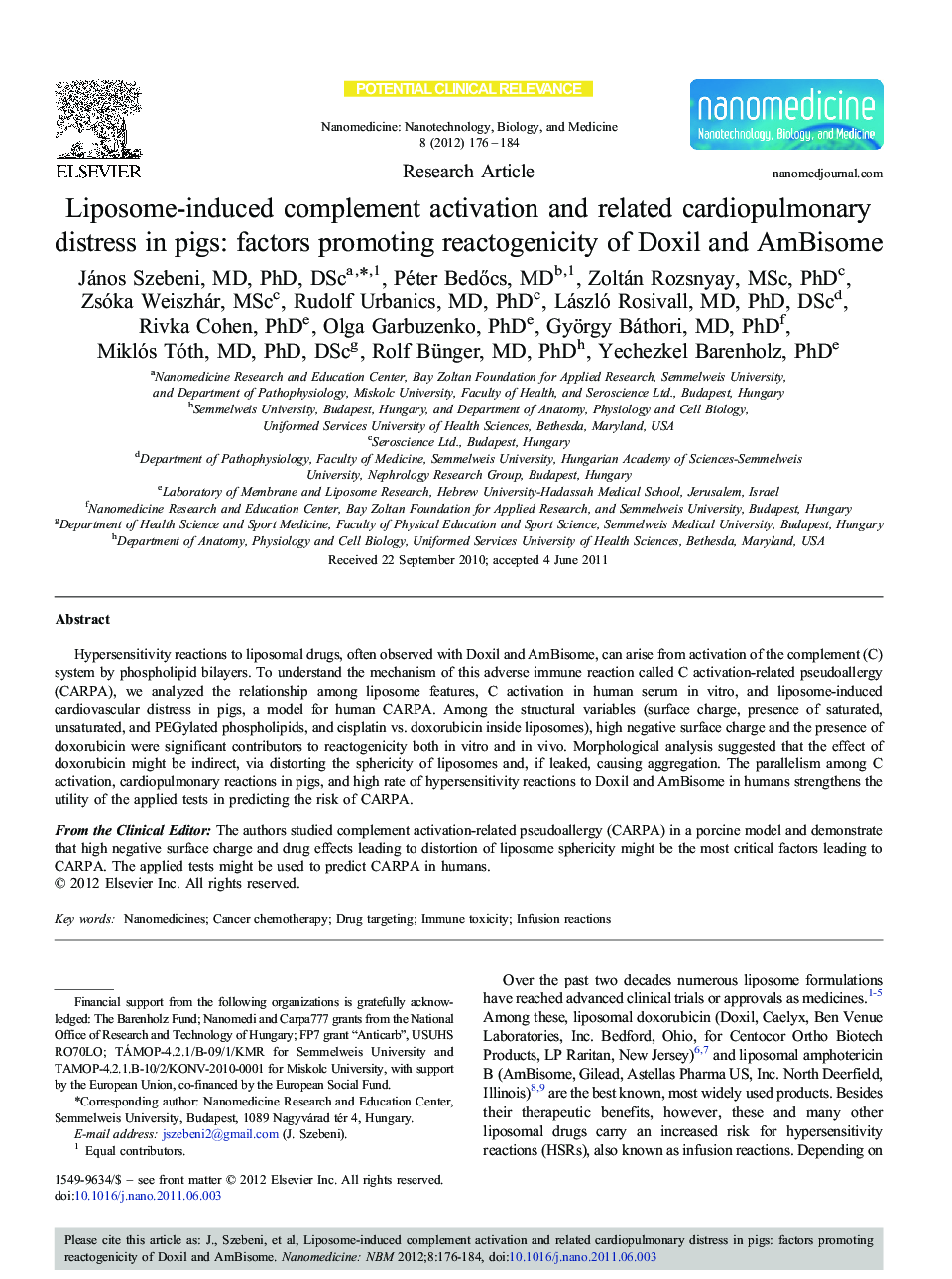 Liposome-induced complement activation and related cardiopulmonary distress in pigs: factors promoting reactogenicity of Doxil and AmBisome 