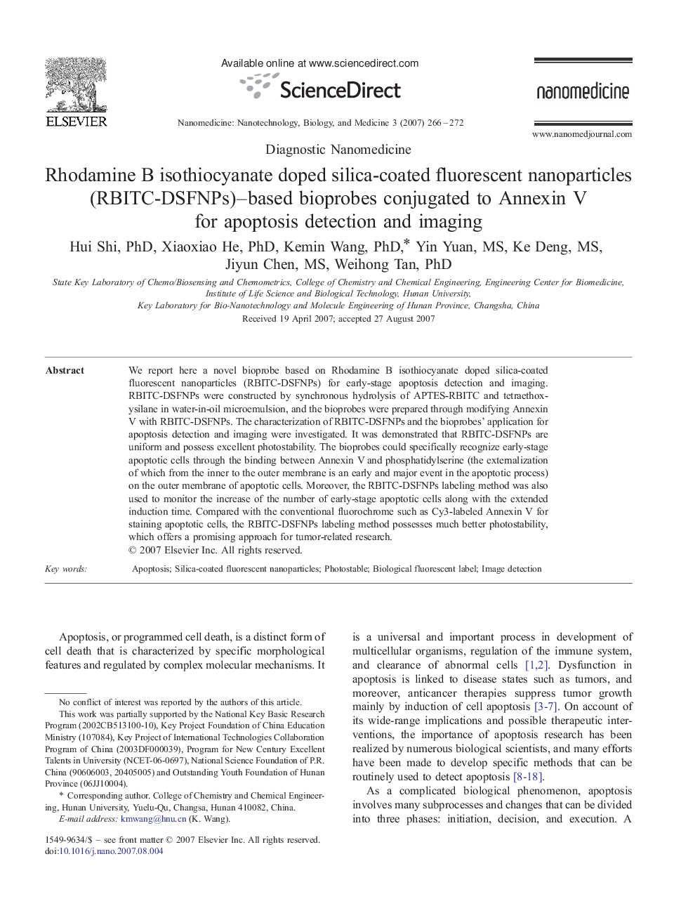 Rhodamine B isothiocyanate doped silica-coated fluorescent nanoparticles (RBITC-DSFNPs)–based bioprobes conjugated to Annexin V for apoptosis detection and imaging 