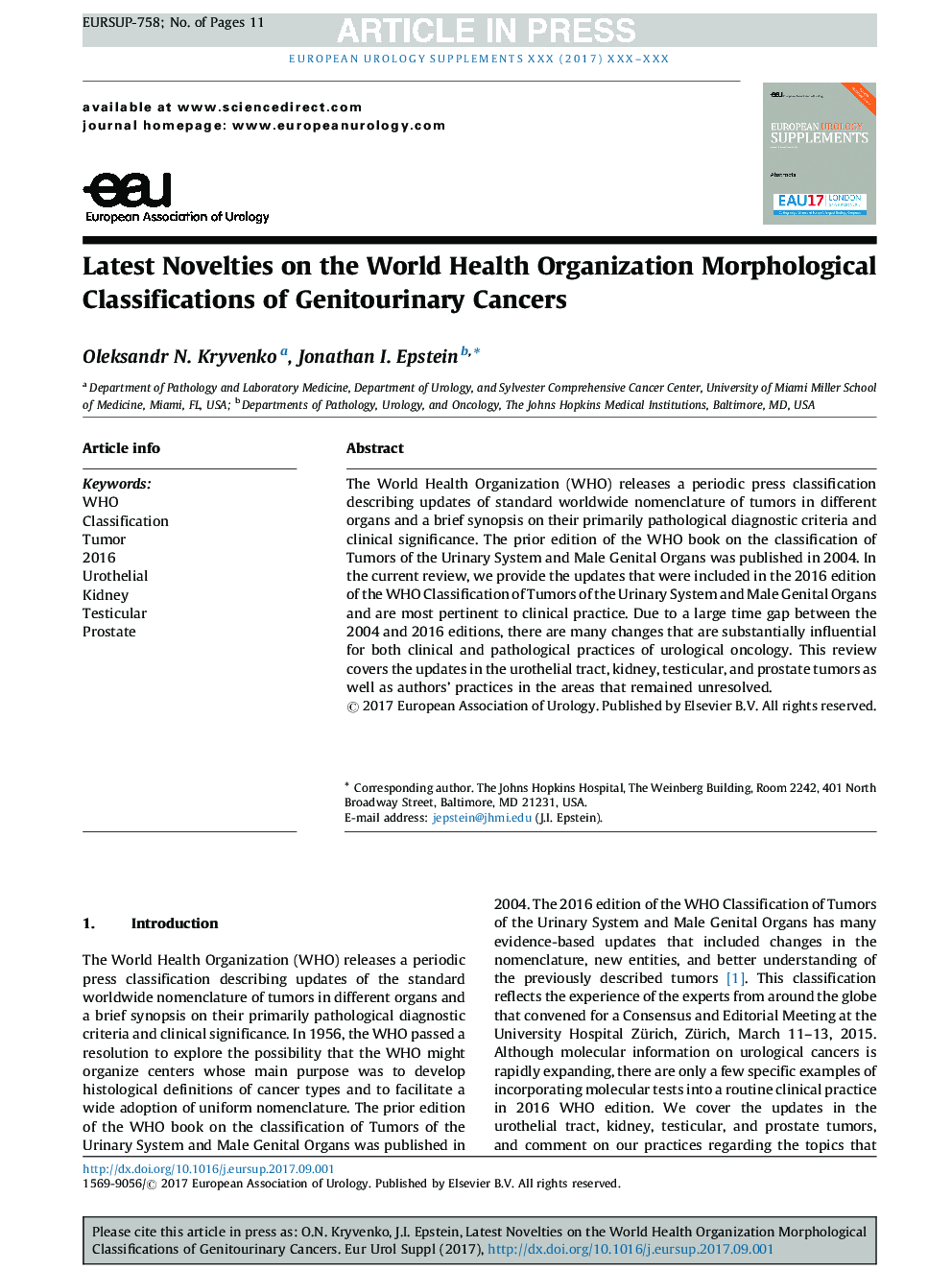 Latest Novelties on the World Health Organization Morphological Classifications of Genitourinary Cancers