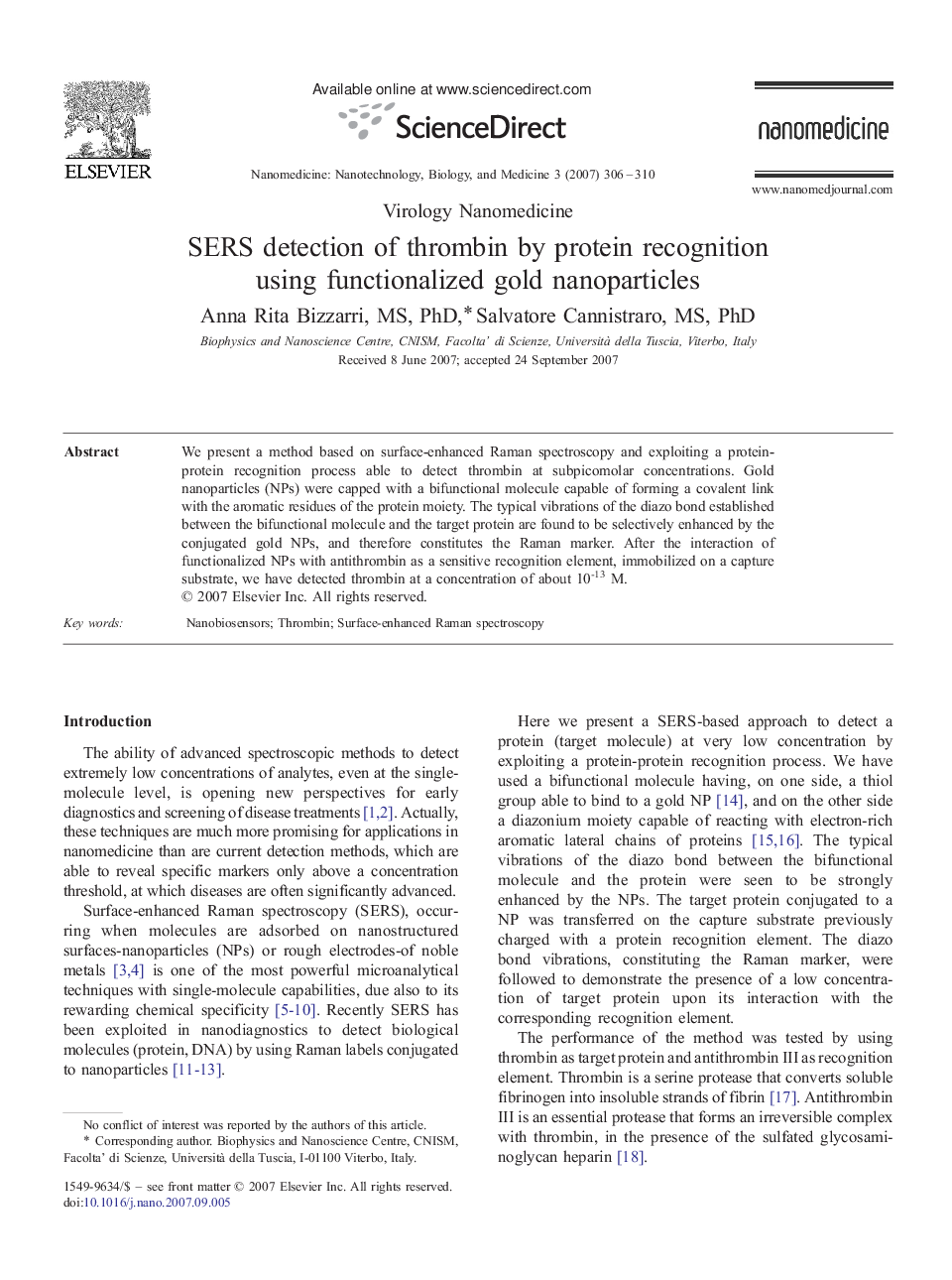 SERS detection of thrombin by protein recognition using functionalized gold nanoparticles 