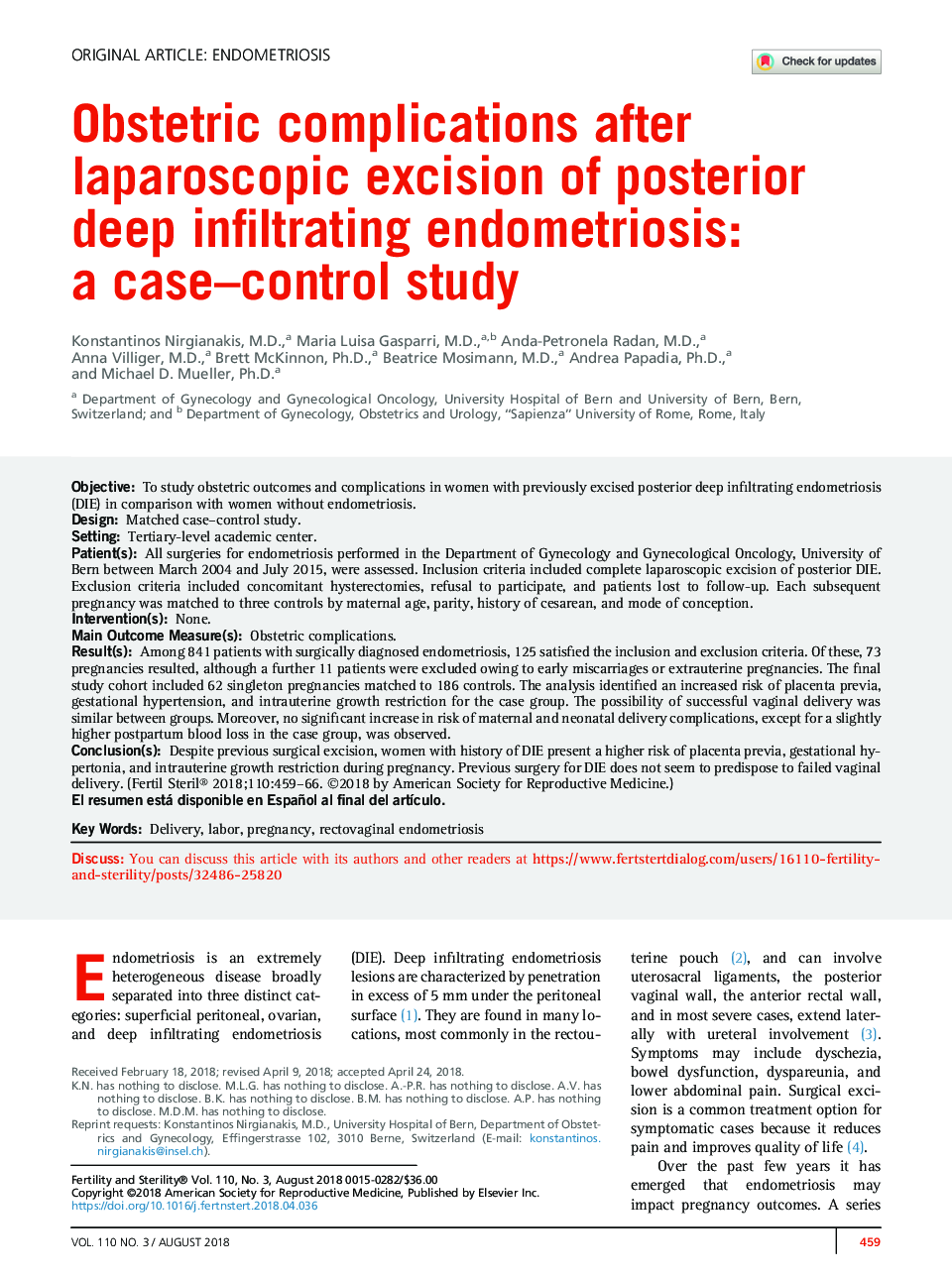 Obstetric complications after laparoscopic excision of posterior deep infiltrating endometriosis: aÂ case-control study