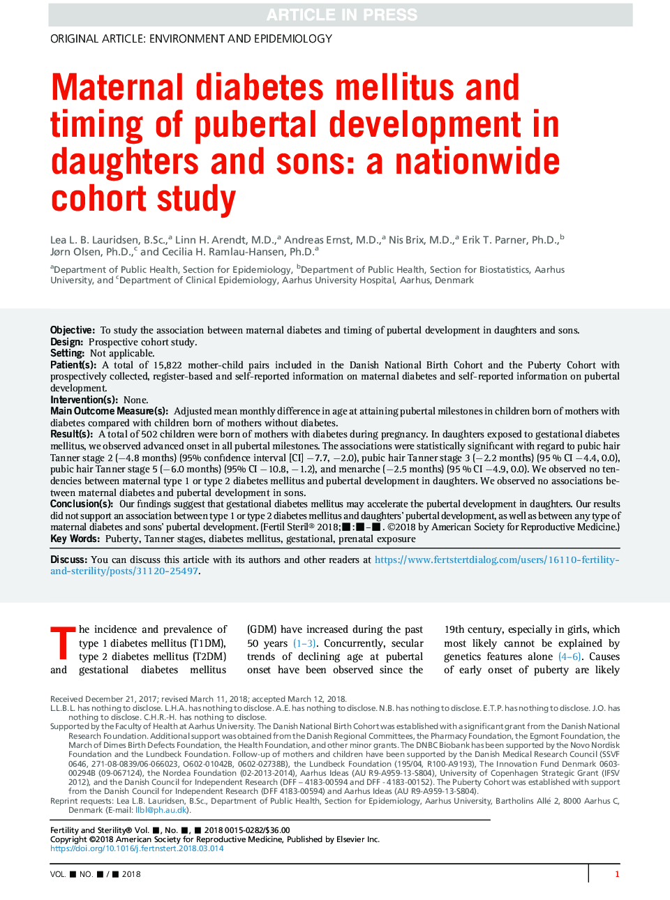 دیابت شیر ​​مادر و زمان رشد بلوغ در دختران و پسران: یک مطالعه همگروه در سراسر کشور 