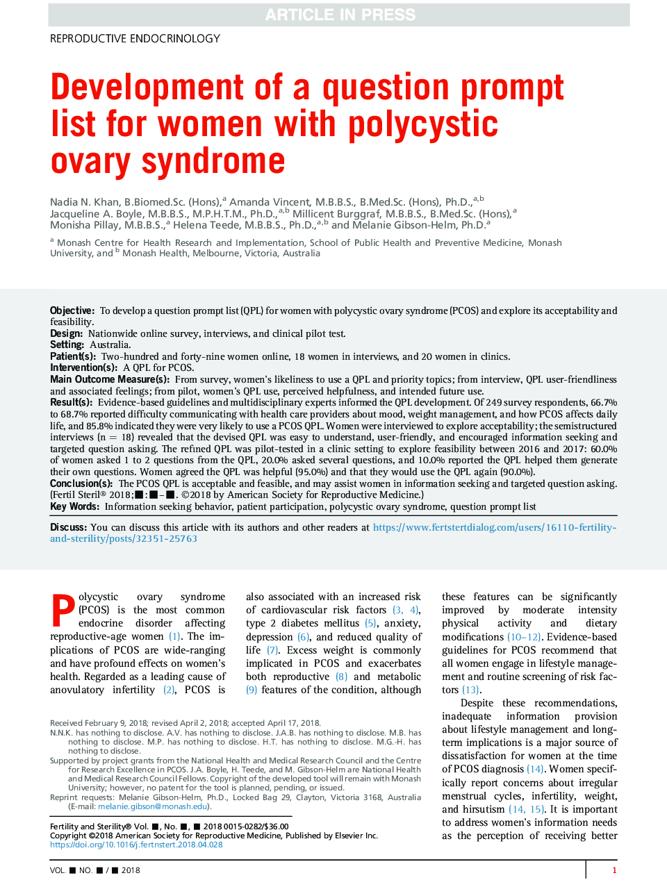 Development of a question prompt listÂ for women with polycystic ovary syndrome