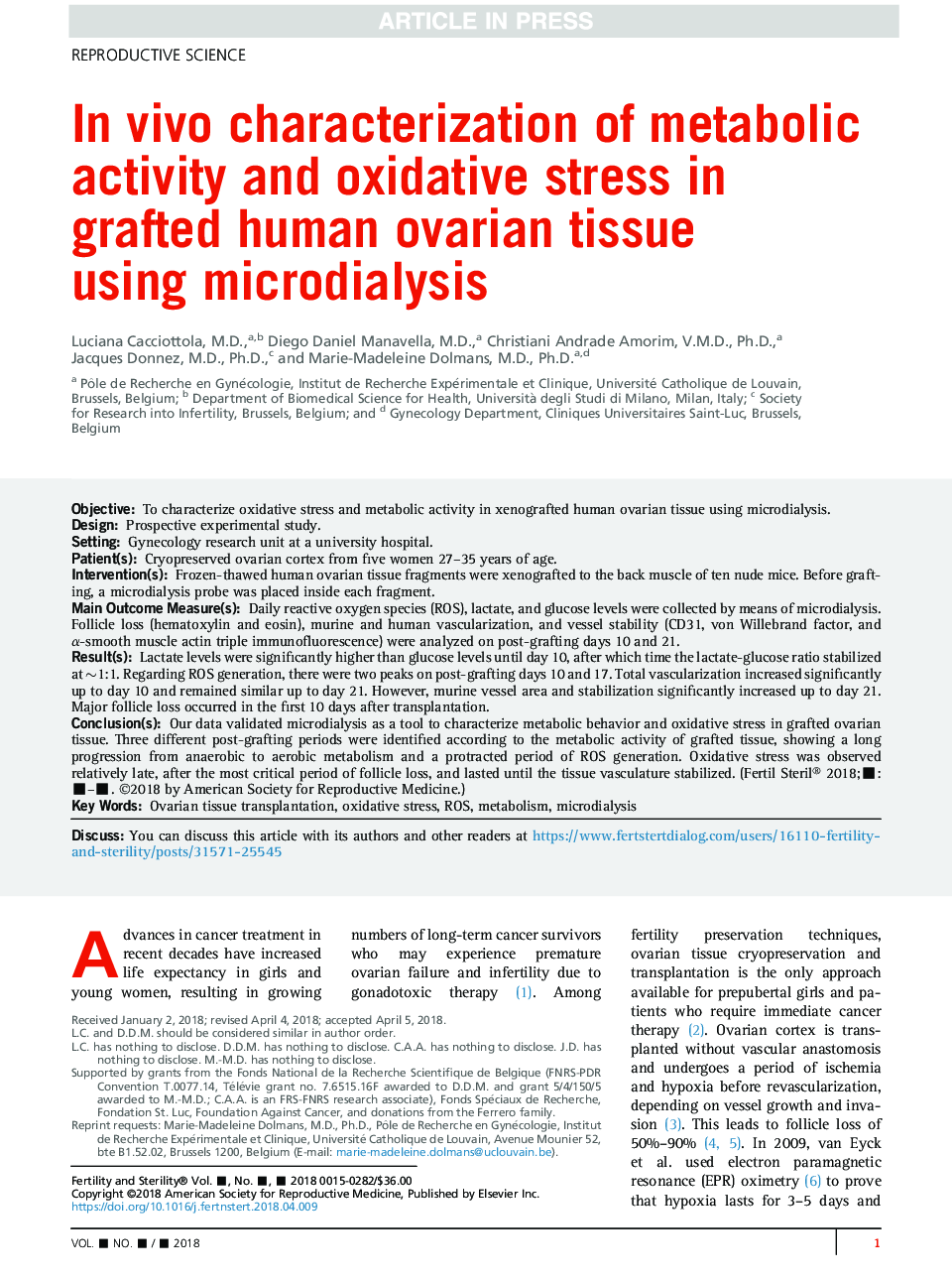 InÂ vivo characterization of metabolic activity and oxidative stress in grafted human ovarian tissue using microdialysis