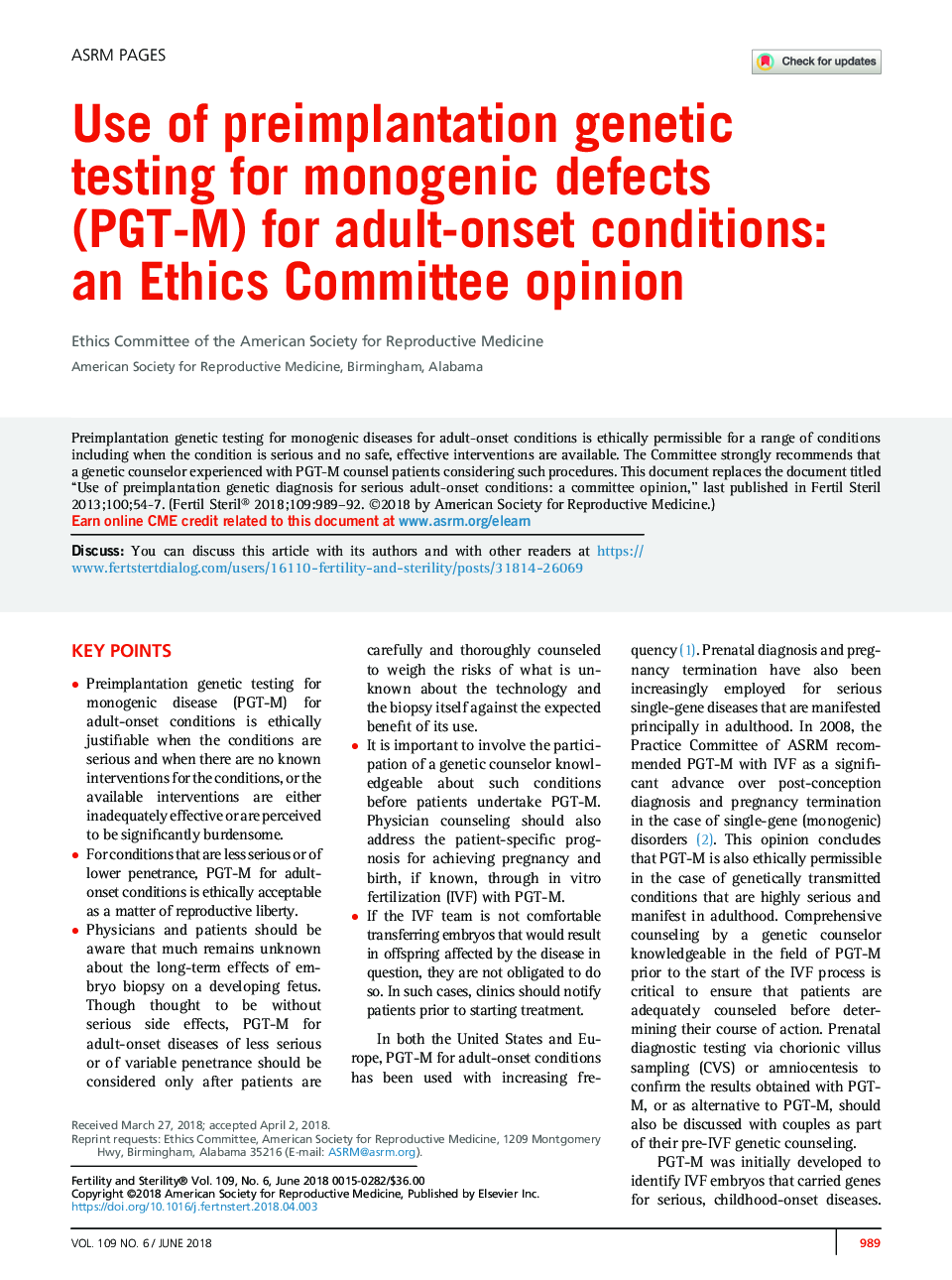 Use of preimplantation genetic testing for monogenic defects (PGT-M) for adult-onset conditions: an Ethics Committee opinion