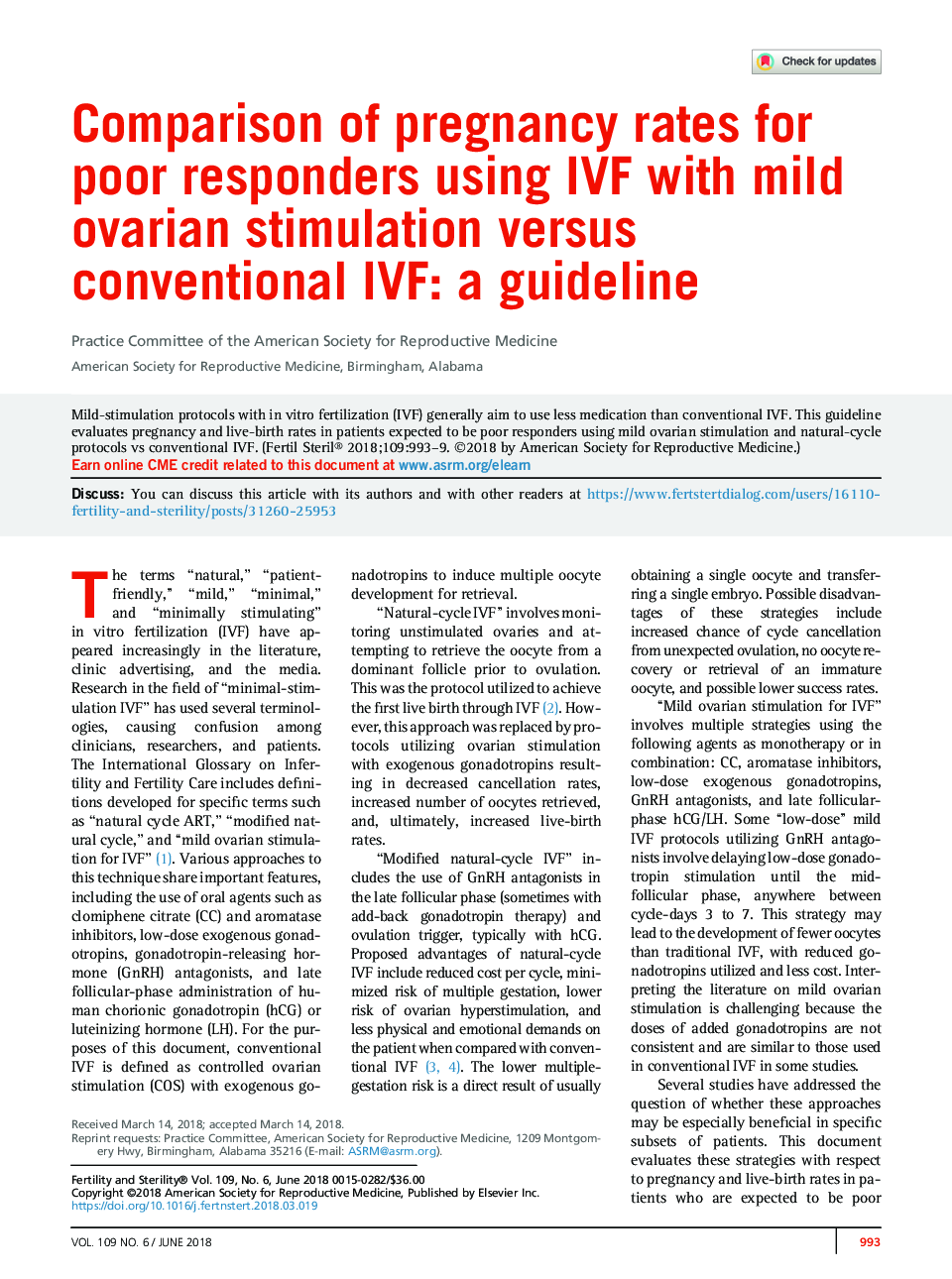 Comparison of pregnancy rates for poor responders using IVF with mild ovarian stimulation versus conventional IVF: a guideline