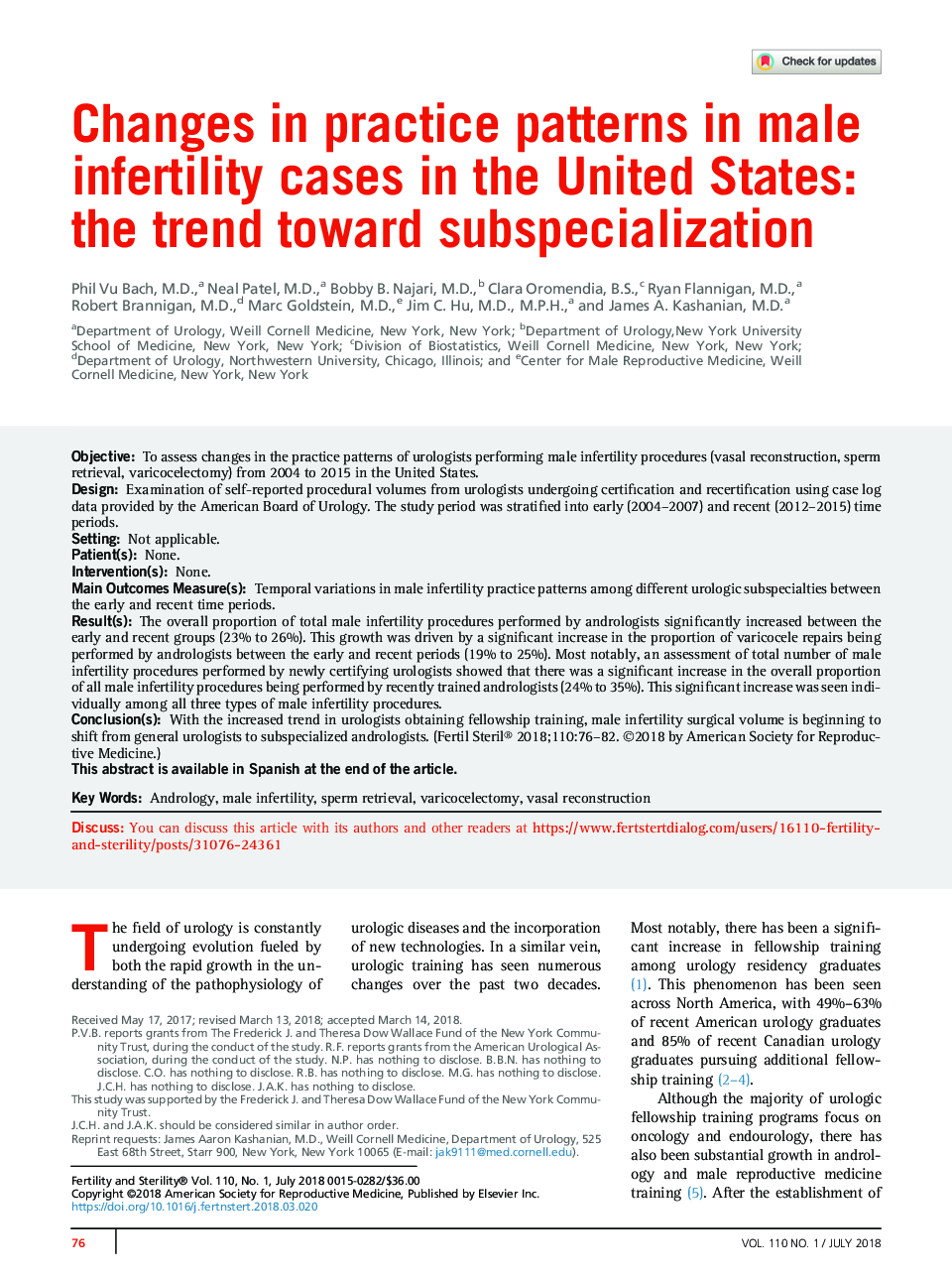 Changes in practice patterns in male infertility cases in the United States: the trend toward subspecialization