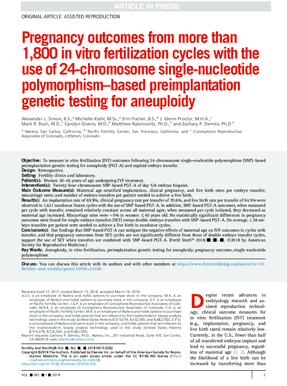 Pregnancy outcomes from more than 1,800 inÂ vitro fertilization cycles with the use of 24-chromosome single-nucleotide polymorphism-based preimplantation genetic testing for aneuploidy