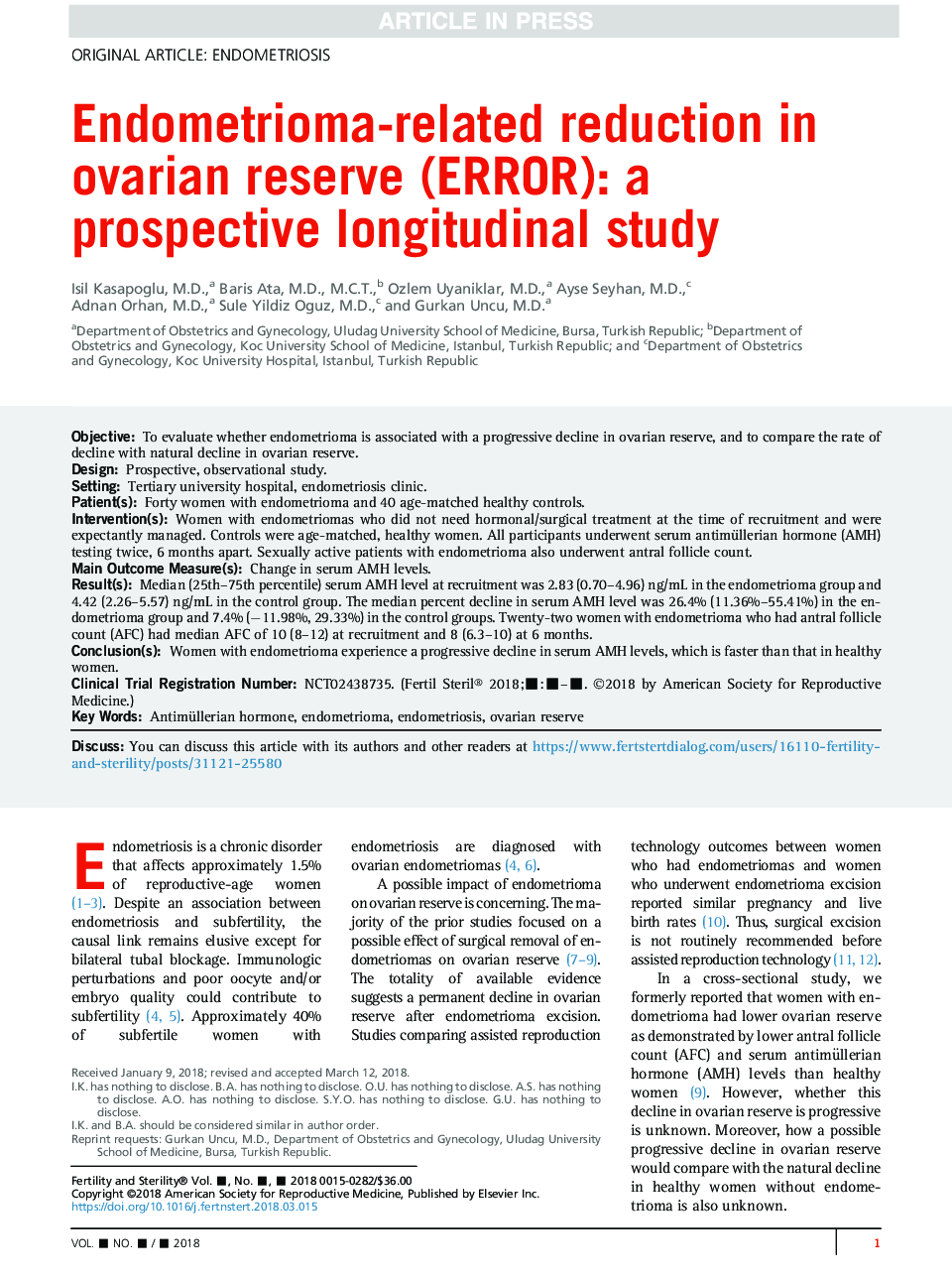 Endometrioma-related reduction in ovarian reserve (ERROR): a prospective longitudinal study