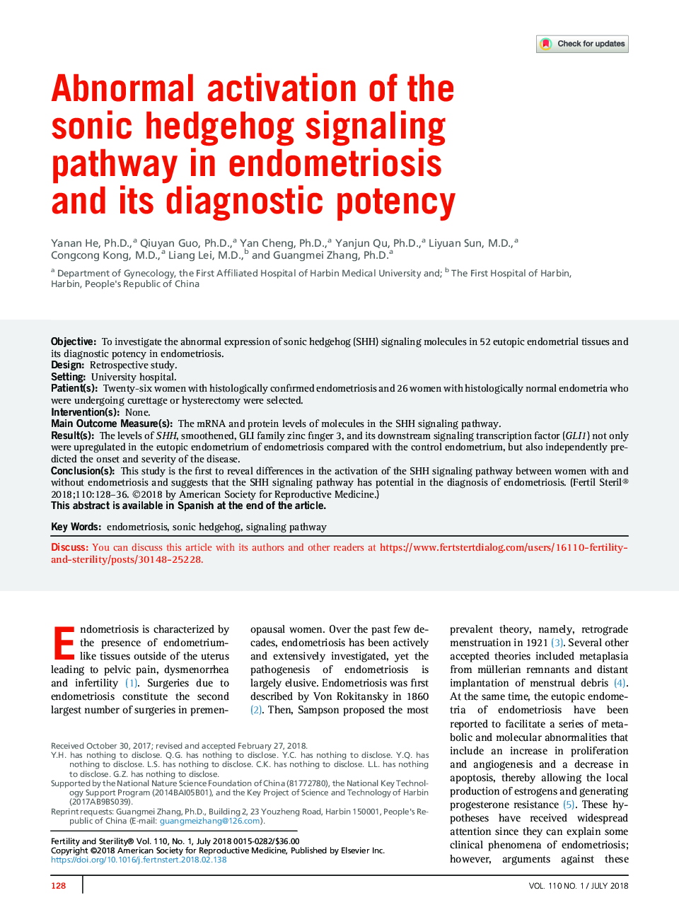 Abnormal activation of the sonic hedgehog signaling pathway in endometriosis and its diagnostic potency