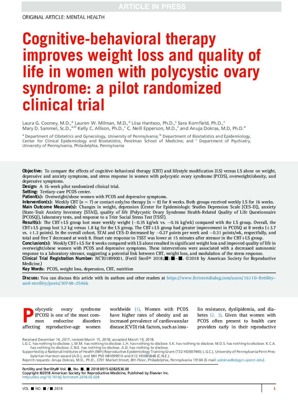 Cognitive-behavioral therapy improves weight loss and quality of life in women with polycystic ovary syndrome: a pilot randomized clinical trial