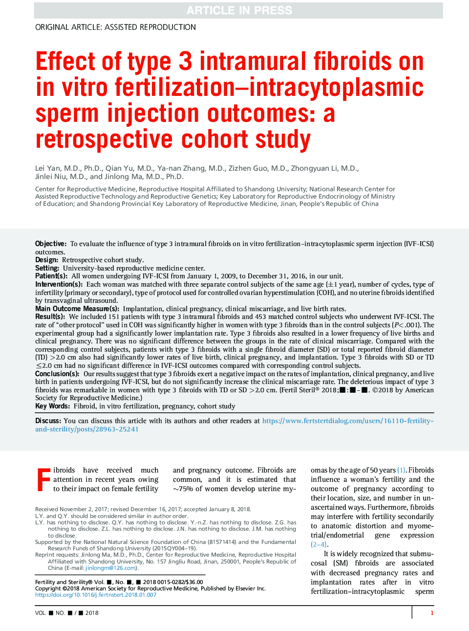 Effect of type 3 intramural fibroids on inÂ vitro fertilization-intracytoplasmic sperm injection outcomes: a retrospective cohort study