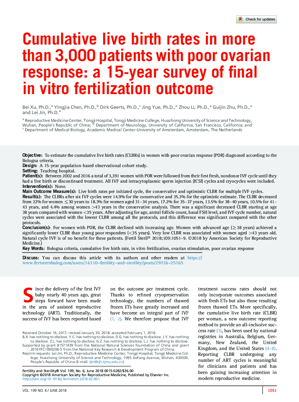 Cumulative live birth rates in more than 3,000 patients with poor ovarian response: a 15-year survey of final inÂ vitro fertilization outcome