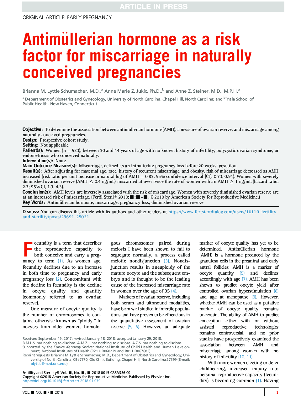 Antimüllerian hormone as a risk factor for miscarriage in naturally conceived pregnancies