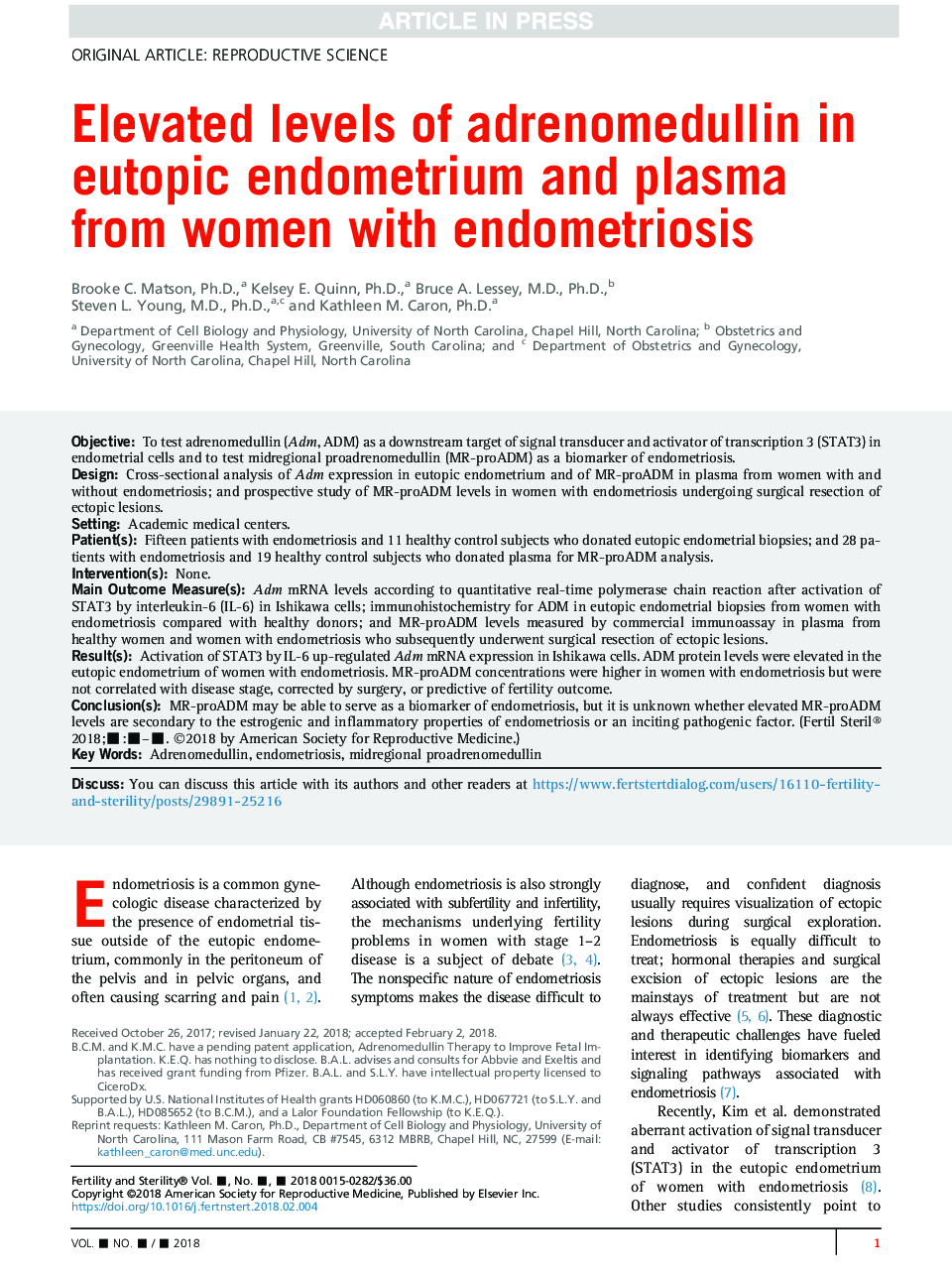 سطح بالایی از آدنومدولین در اندومتر و پلاسمای اودوپیک از زنان مبتلا به آندومتریوز 