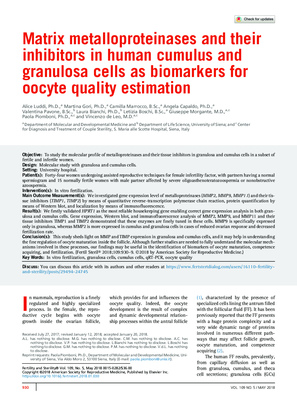 متالوپروتئینازهای ماتریکس و مهارکننده های آنها در سلول های کومولوس و گرانولوزا انسان به عنوان نشانگرهای زیستی برای برآورد کیفیت تخمک 