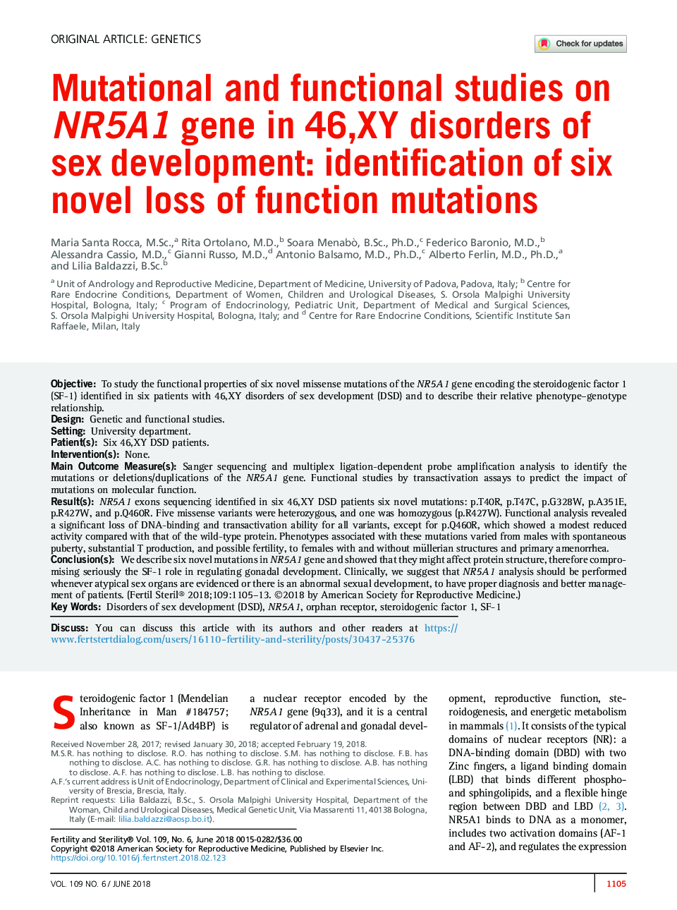 Mutational and functional studies on NR5A1 gene in 46,XY disorders of sex development: identification of six novel loss of function mutations